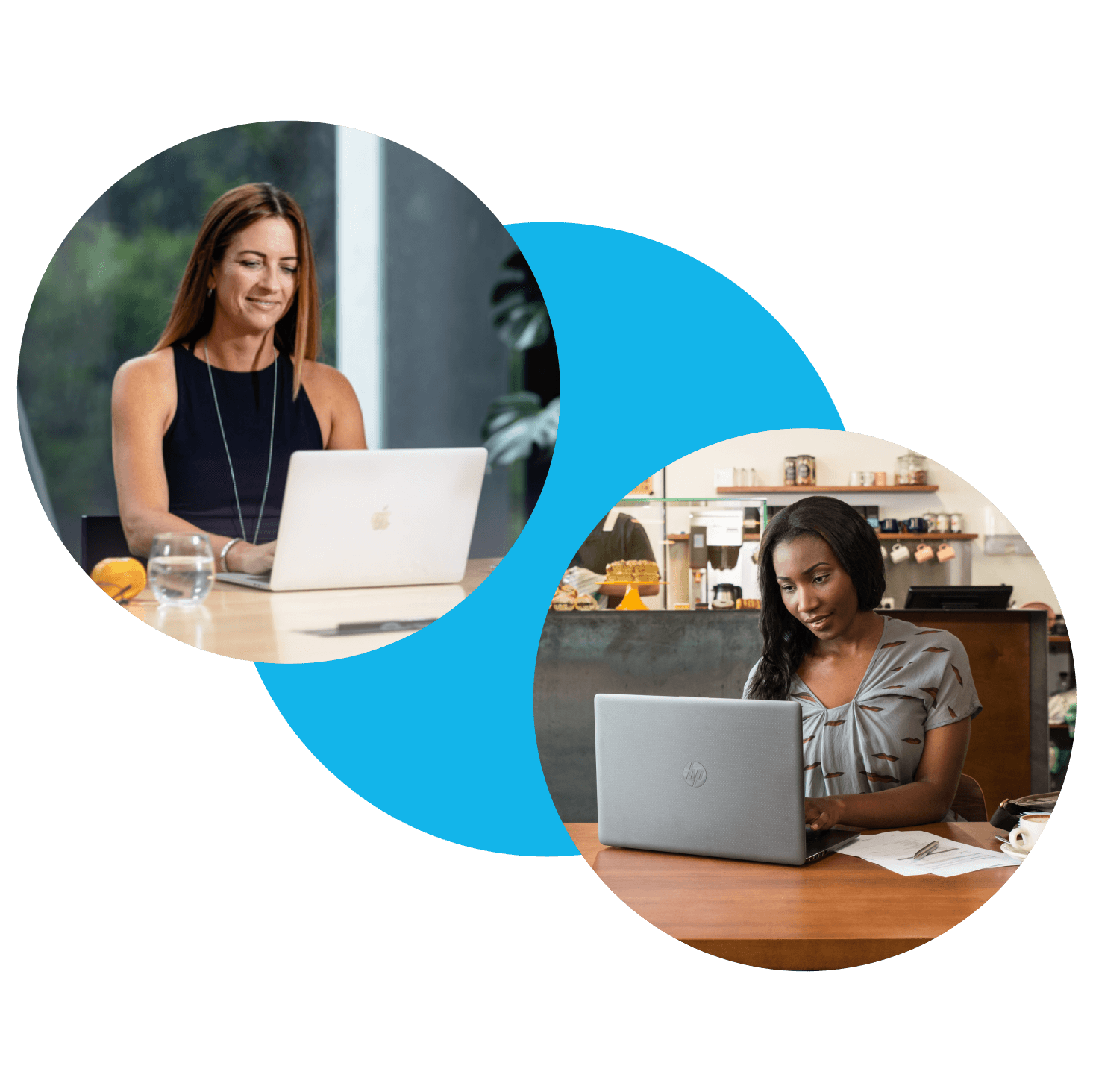 An accountant in their office and a cafe owner at work view the business numbers in Xero.