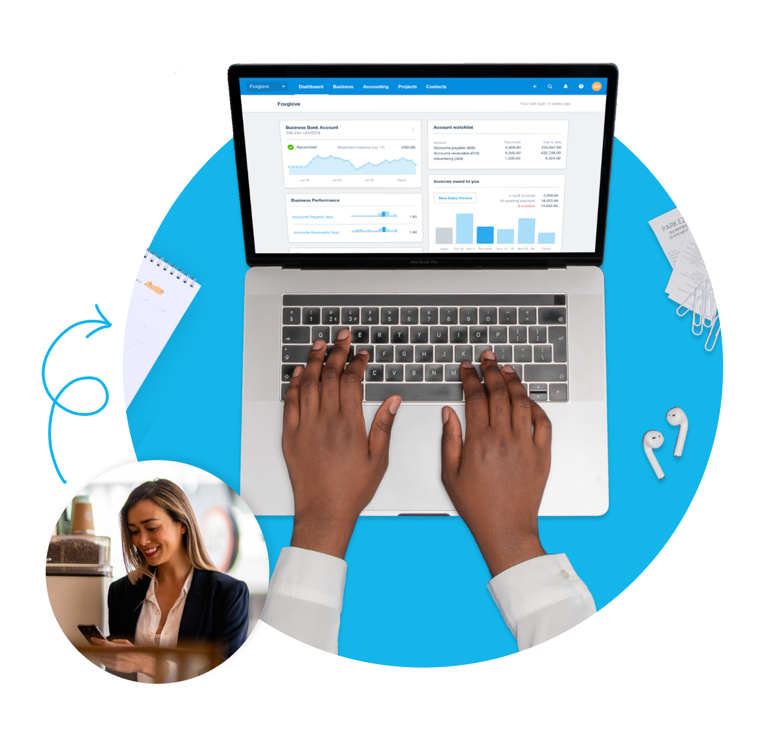 Two hands typing on a laptop that displays charts and tables on the Xero dashboard.