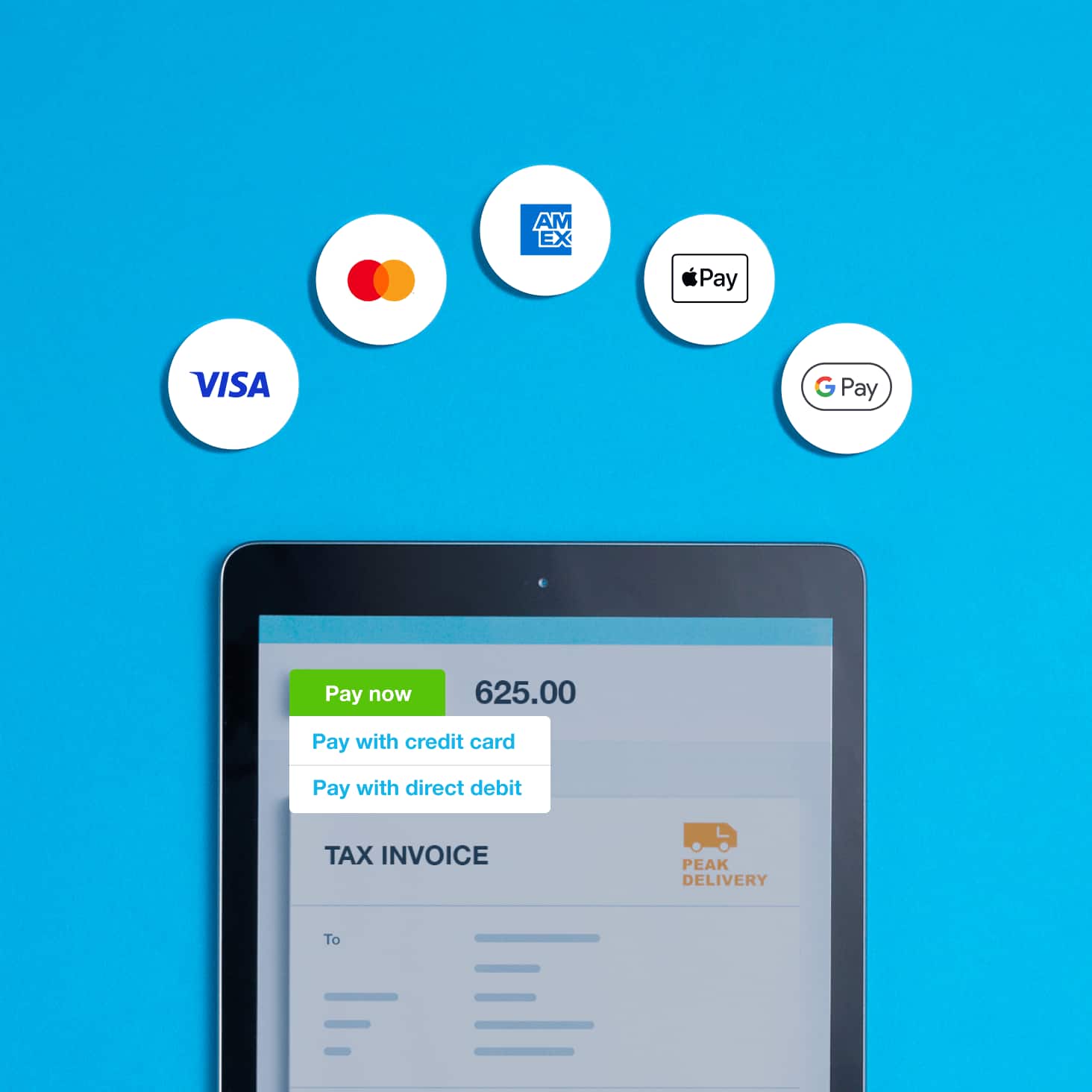 An invoice with a pay now button and the logos of Visa, MasterCard, American Express and Google Pay shown as payment options.