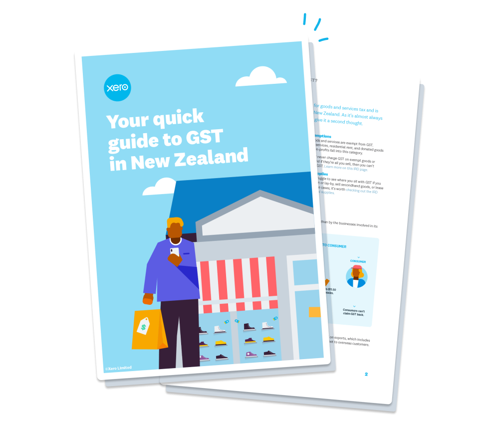 The cover of quick guide to GST in New Zealand depicting a business owner on their phone at the beach.