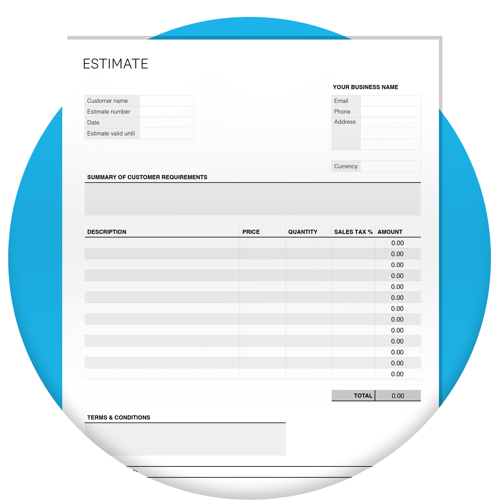 Estimate template with blank fields for users to fill out.