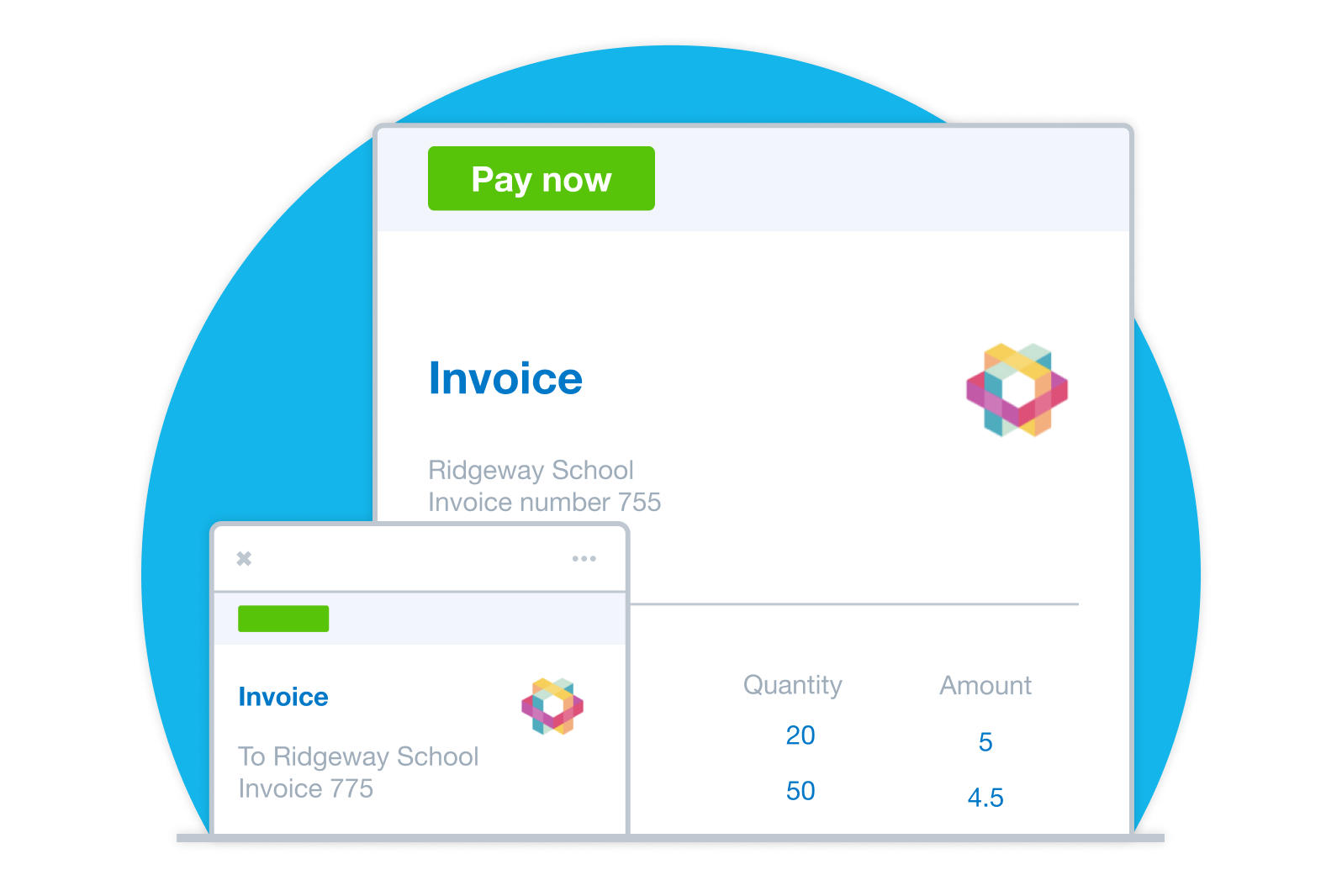 A Xero invoice displays on a phone and a laptop with a prominent pay now button for accepting online payments.