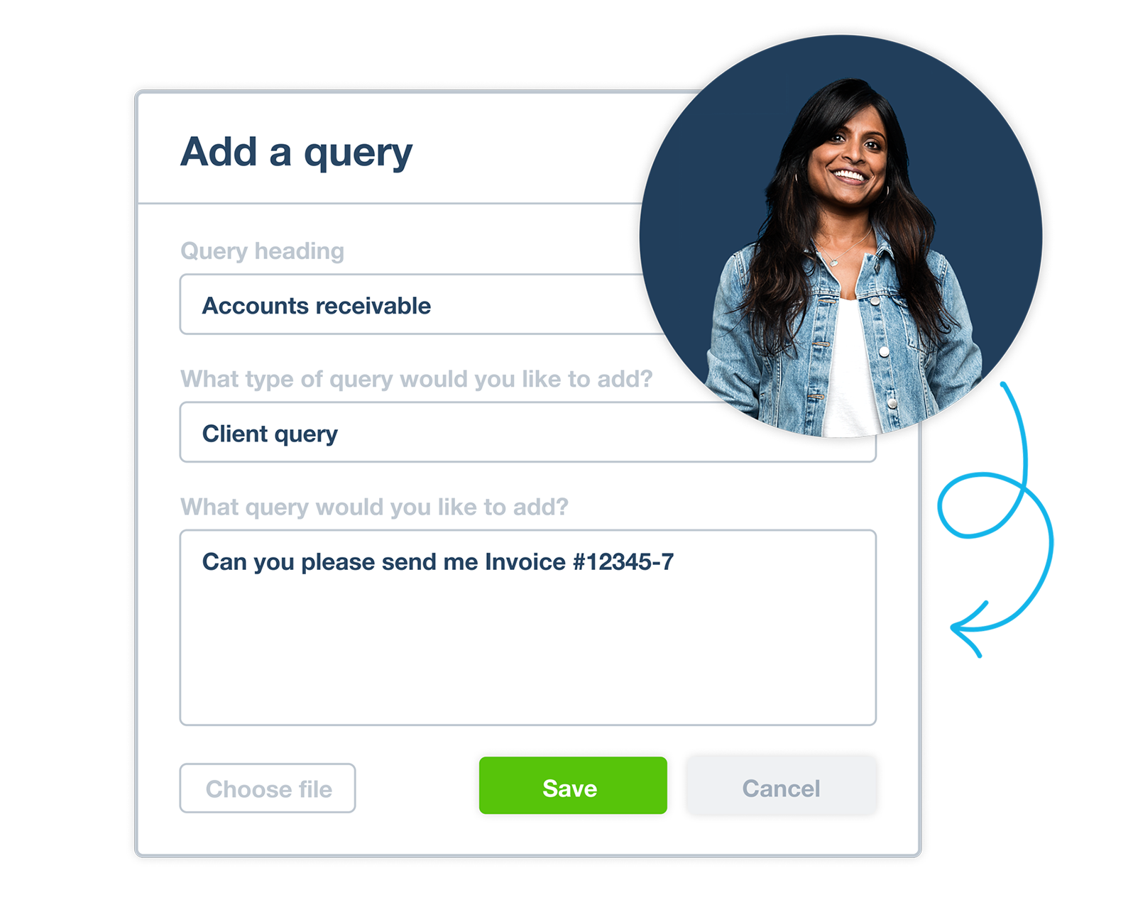 The client query interface in Xero, with a query stating "Can you please send me Invoice #12345-7?"