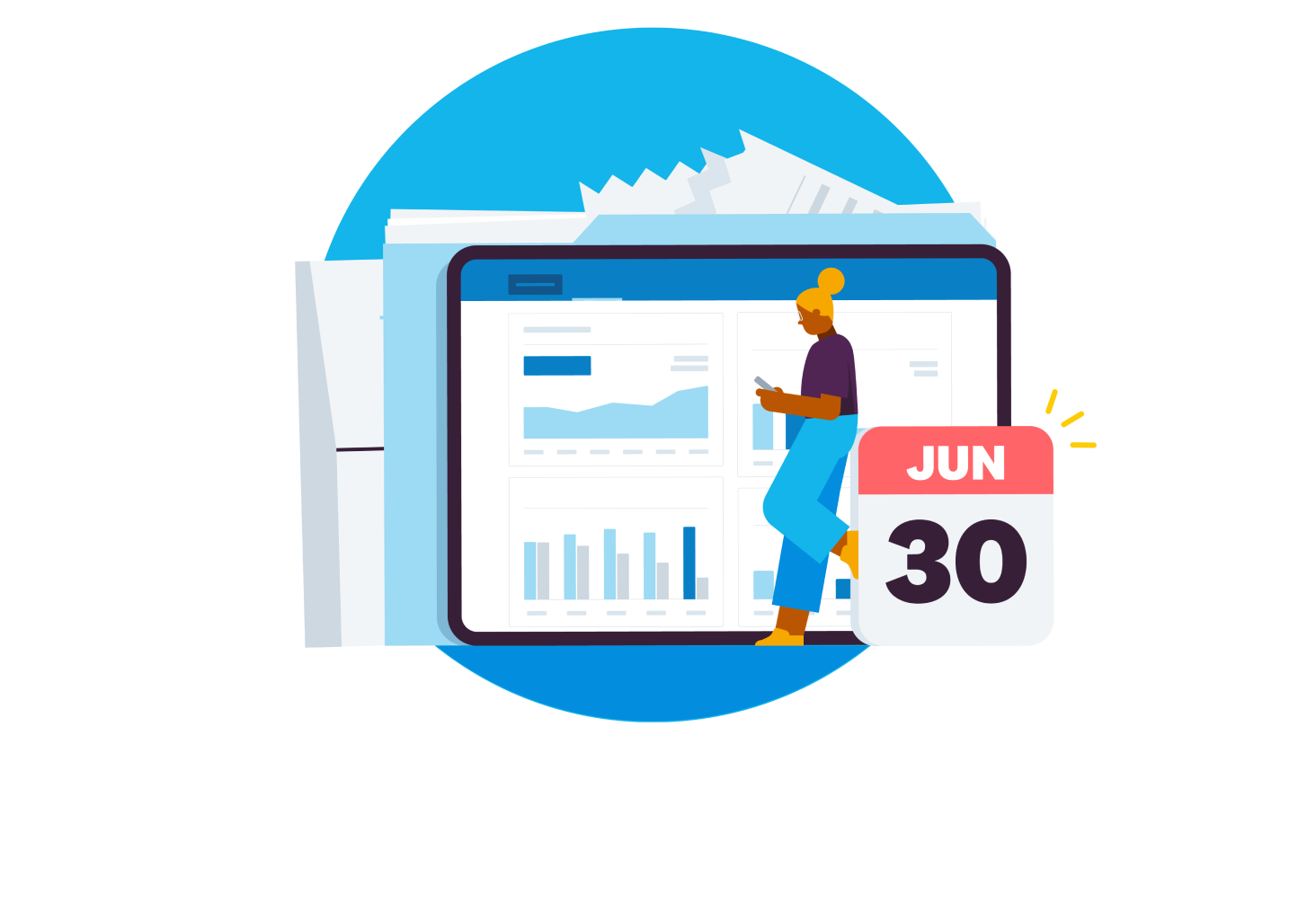 A illustrated woman leans against a calendar tile which says June 30 in front of a tablet displaying the Xero dashboard