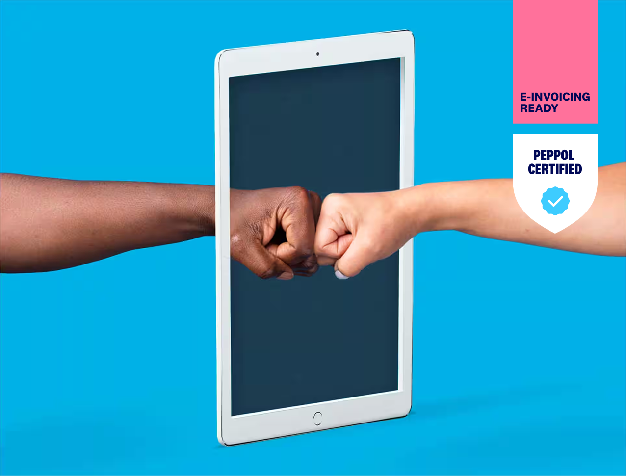 Two hands fist bump through a device to show that eInvoicing is instant, direct and electronic.
