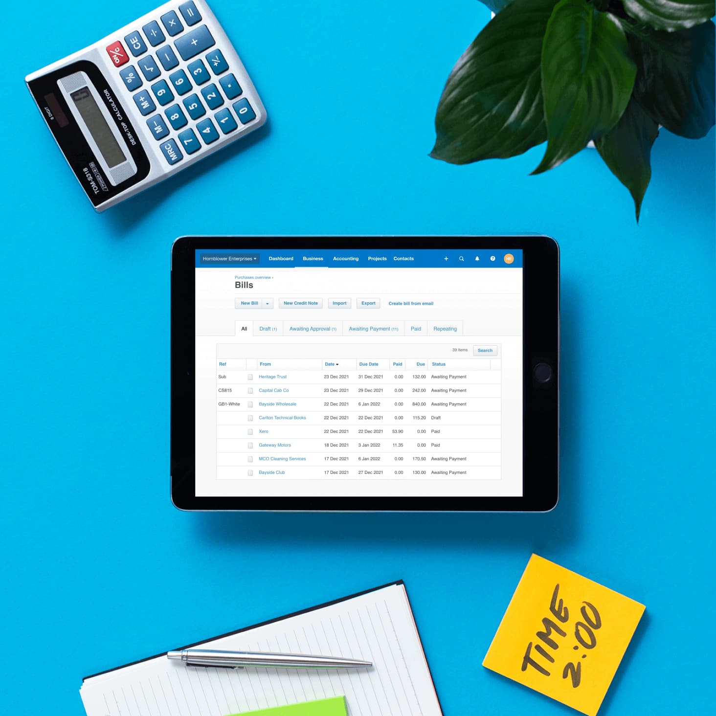 The Bills screen in Xero shows a list of bills, including e-invoices received as draft bills ready to be approved and paid.