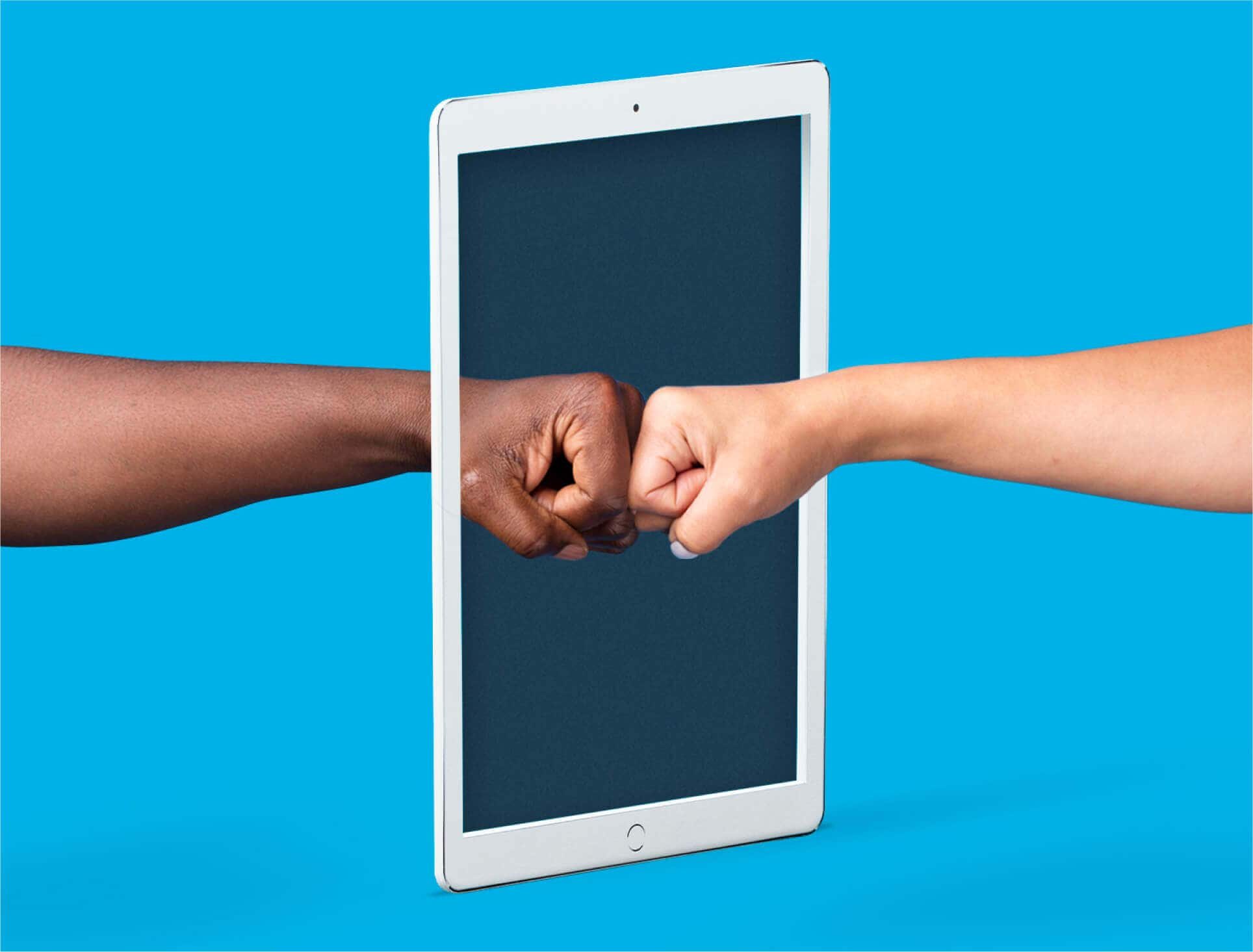 Two hands fist bump through a device to show that e-invoicing is instant, direct and electronic.