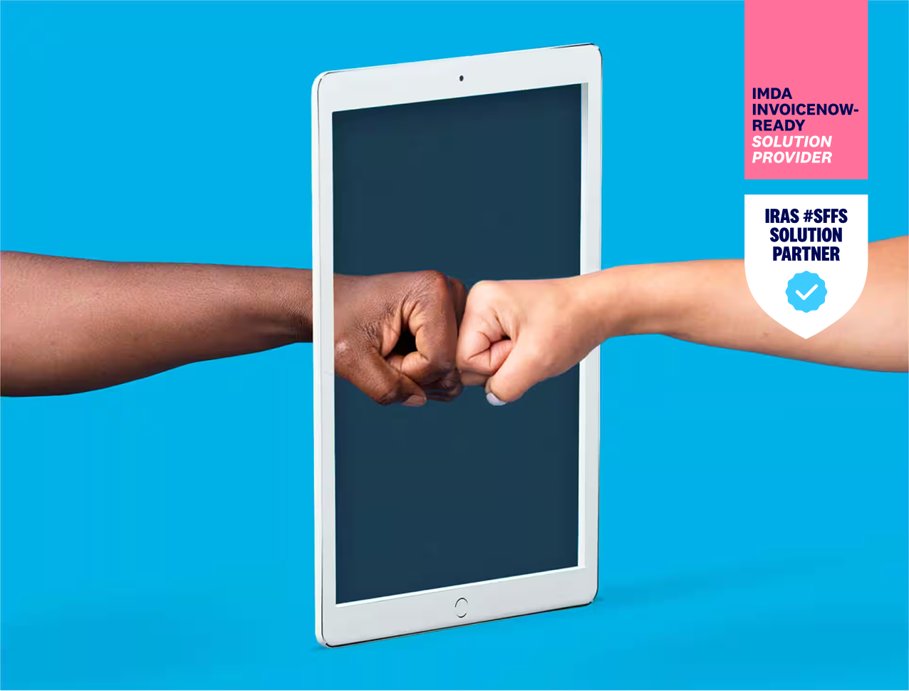 Two hands fist bump through a device to show that e-invoicing is instant, direct and electronic.