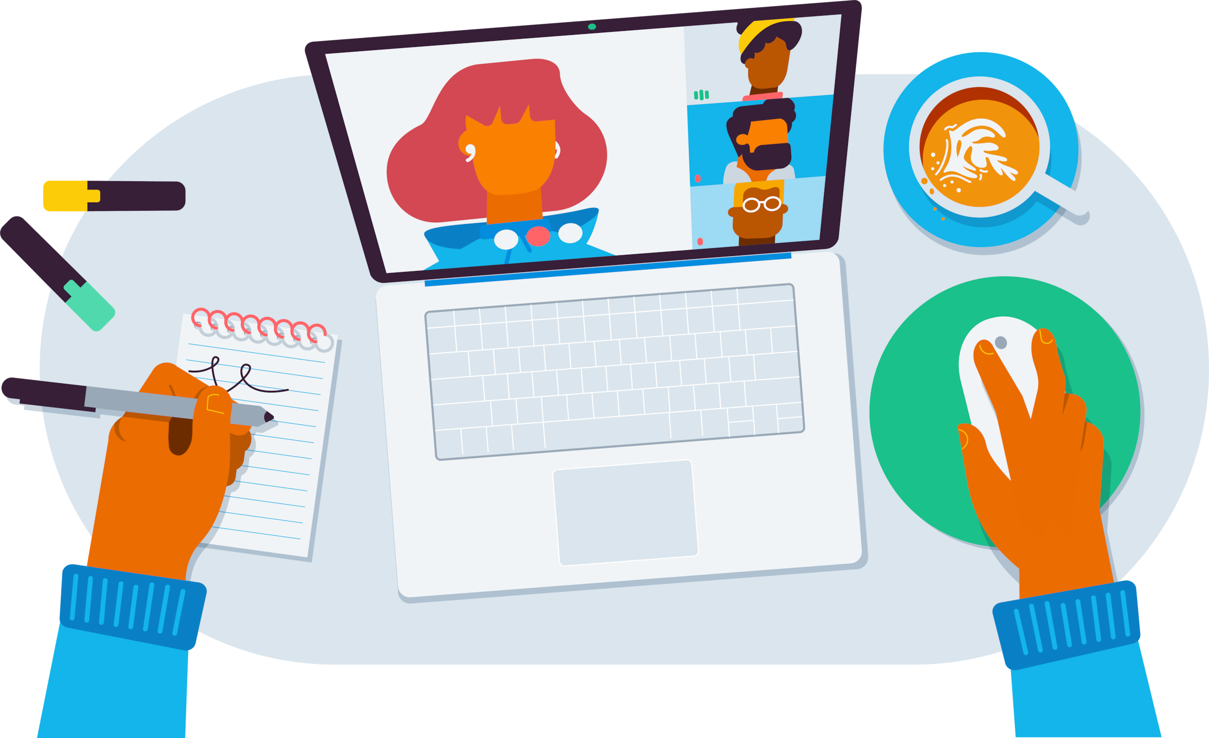 Hands type on a laptop surrounded by business materials.