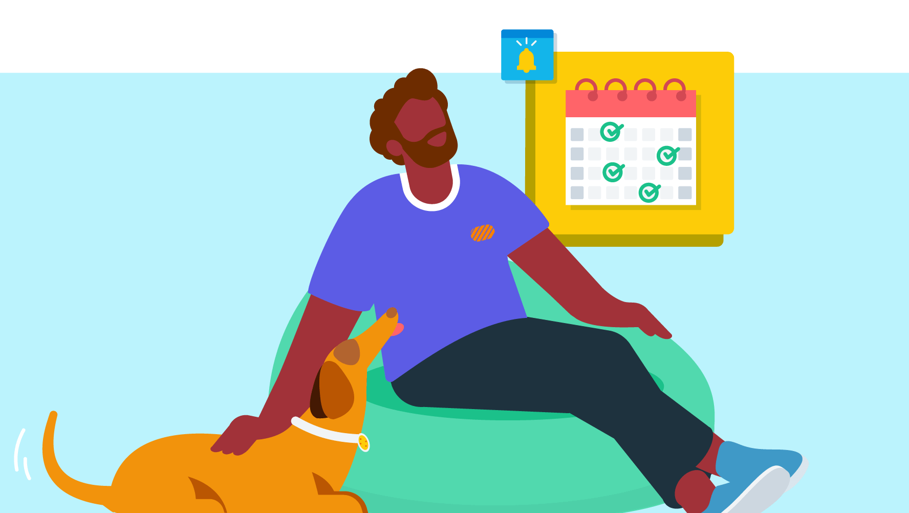 A business owner relaxes on a  bean bag at EOFY patting their dog.