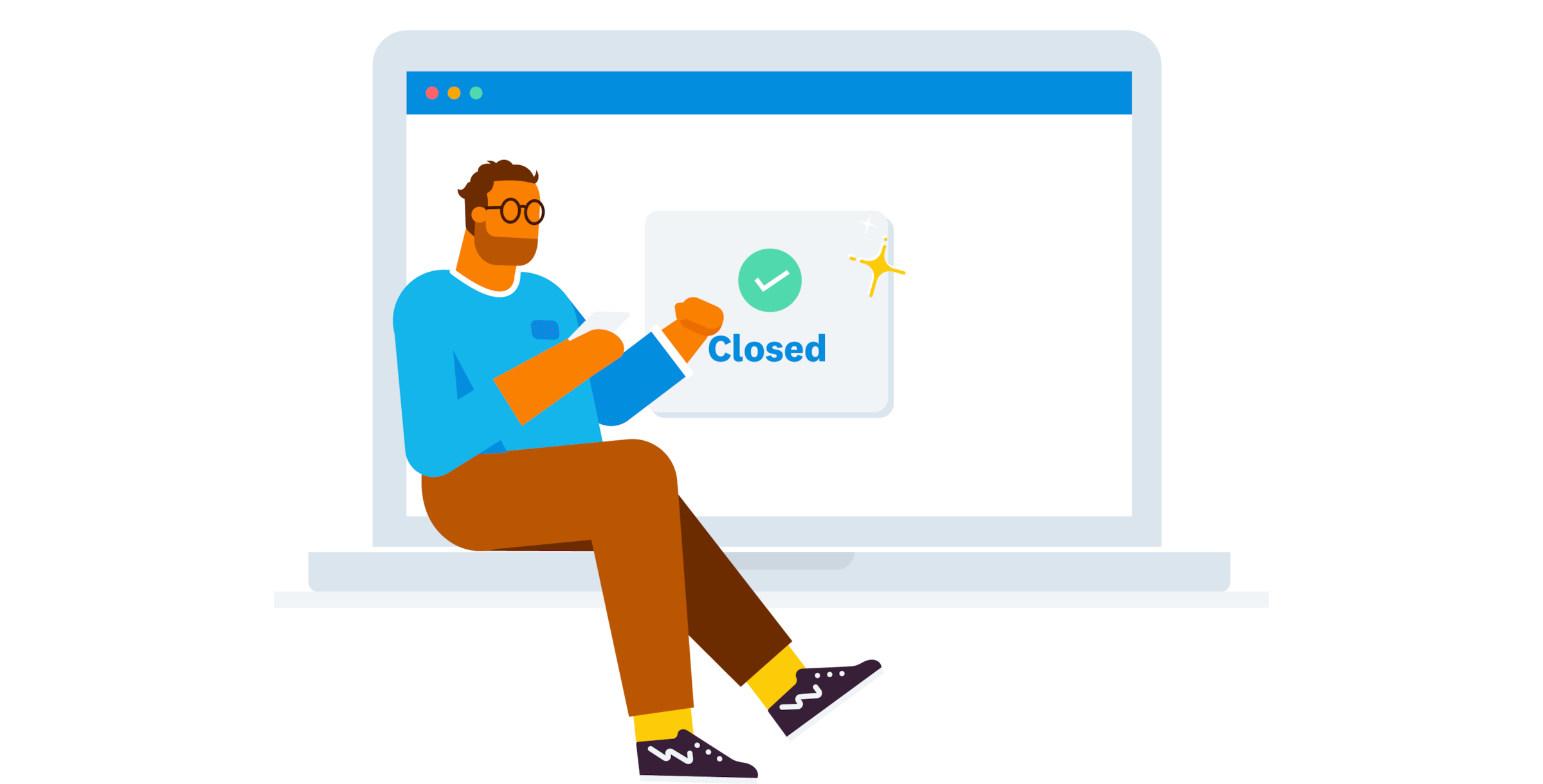 Illustration of man sitting on an oversized laptop with a 'closed' sign on it
