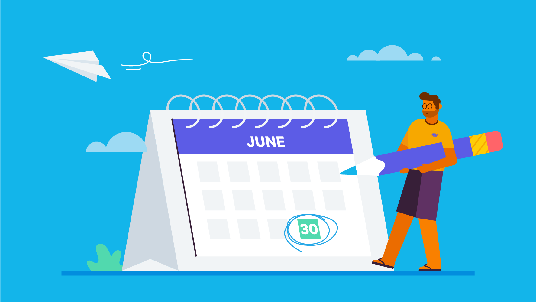 Illustration of a man circles 30 June date on his oversized calendar