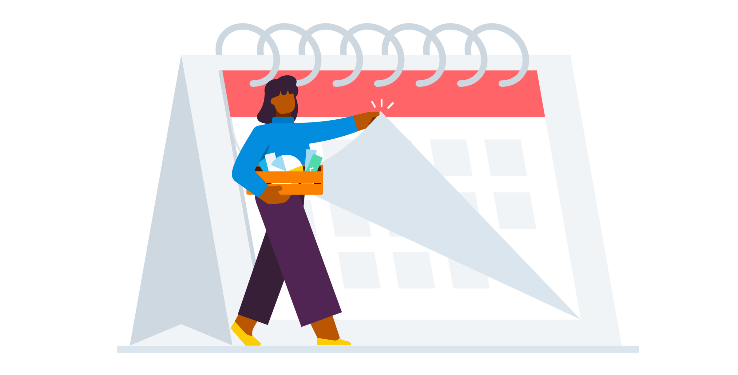 Illustration of woman carrying a crate full of charting tools, next to an oversized calendar