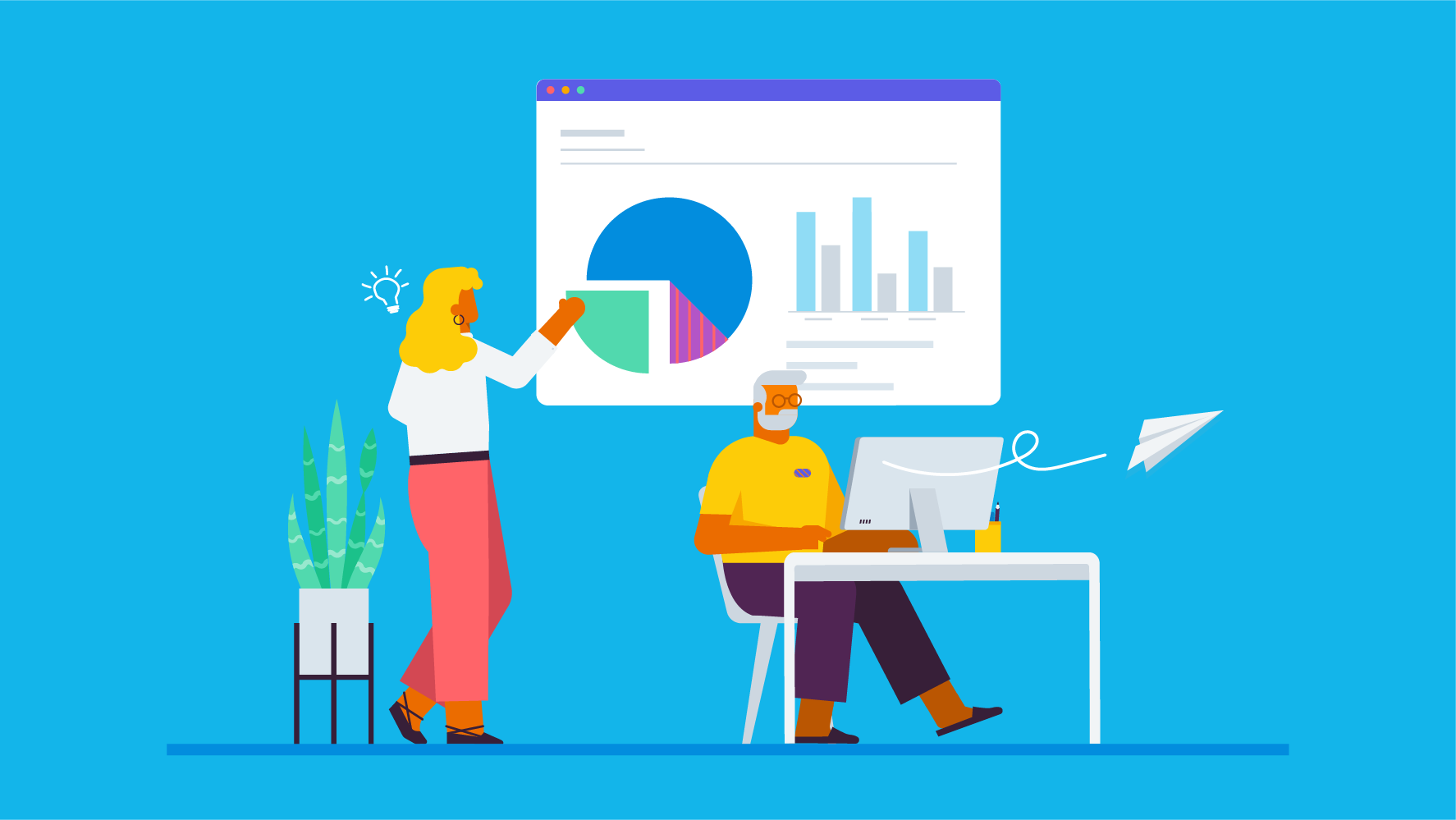 Illustration of woman working on a chart and man working on a laptop
