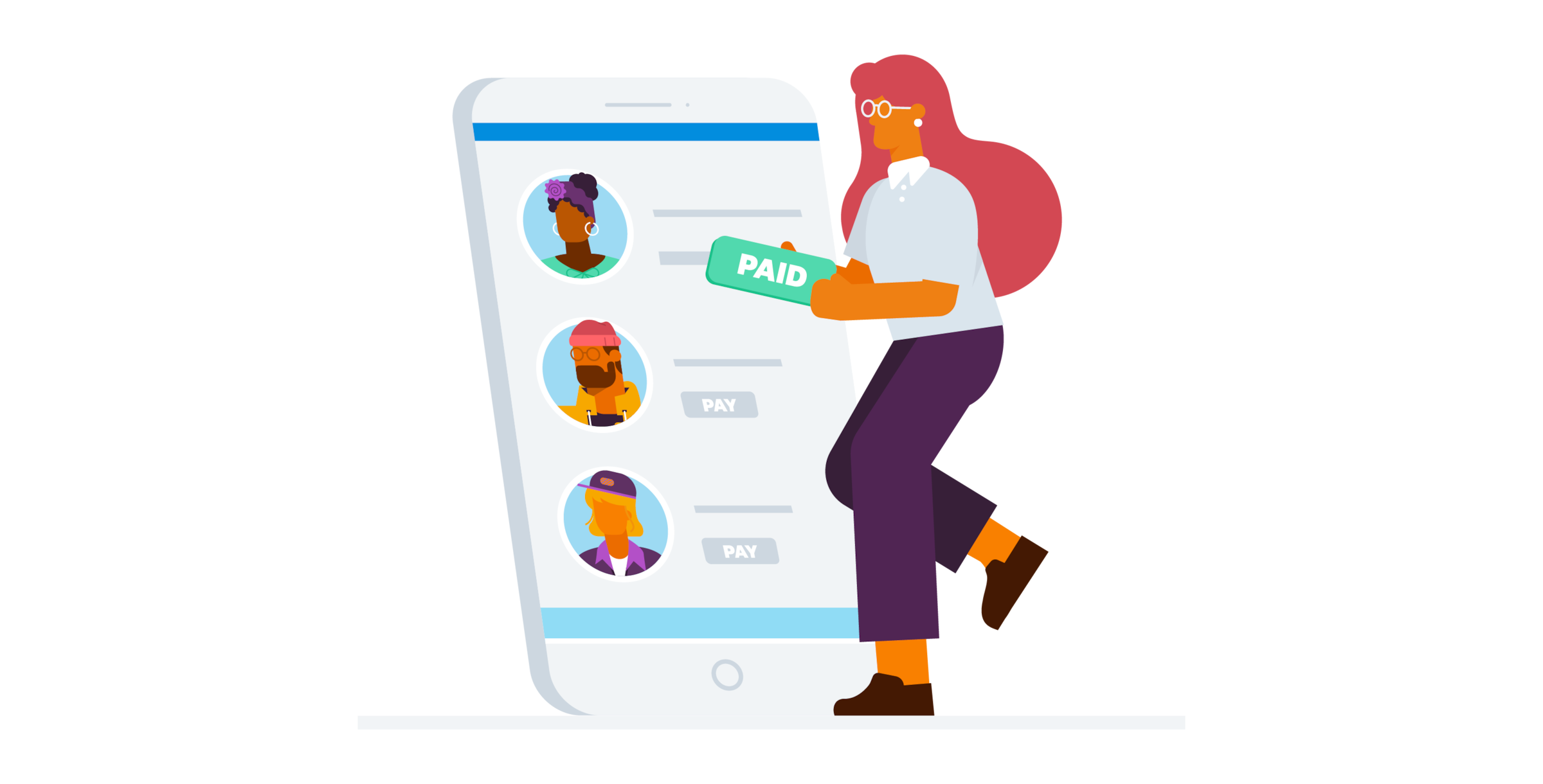 Illustration of woman holding up a 'paid' sign to an oversized phone