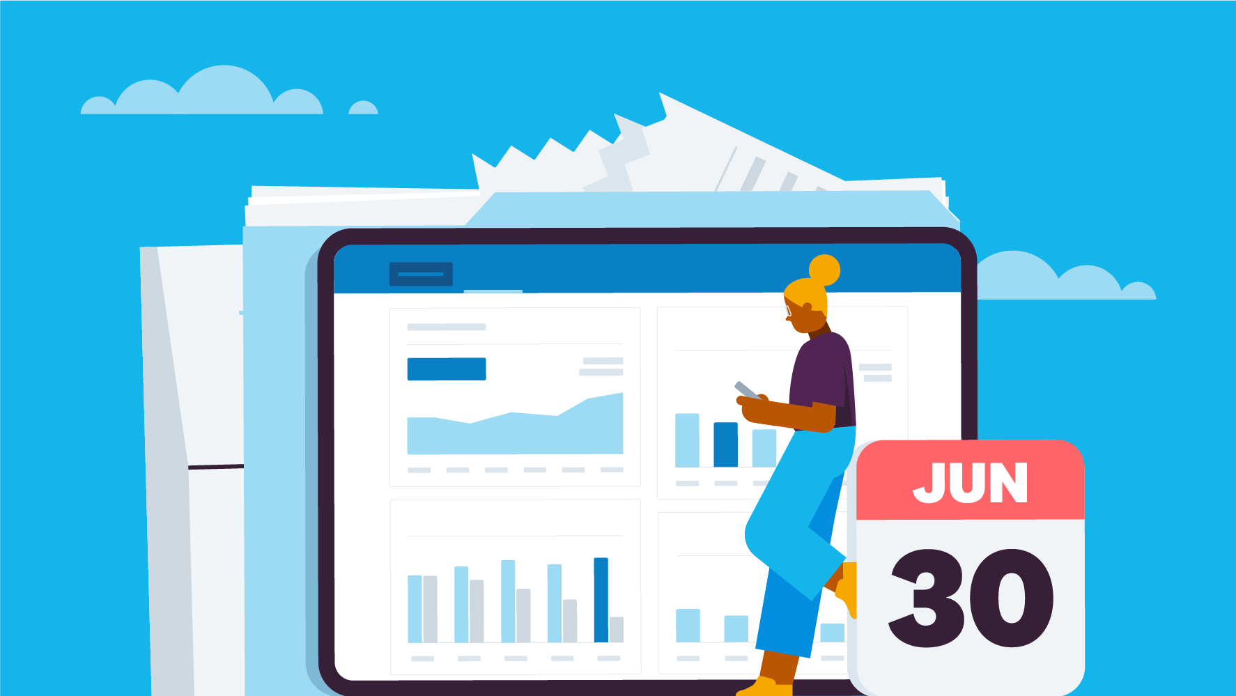 Illustration of person leaning against a 30 June calendar tile with an oversized iPad in the background