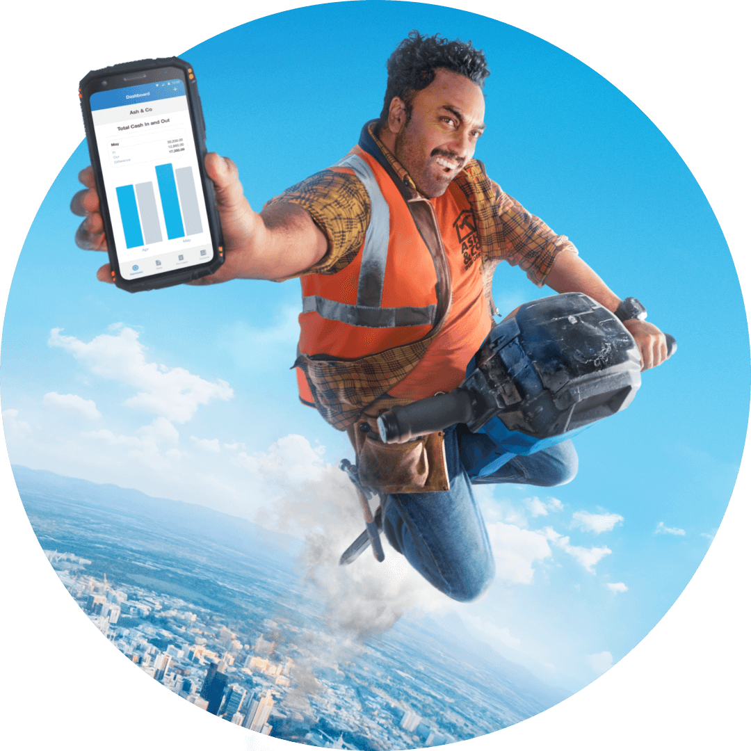 Construction worker flying through the sky with his Xero mobile app.