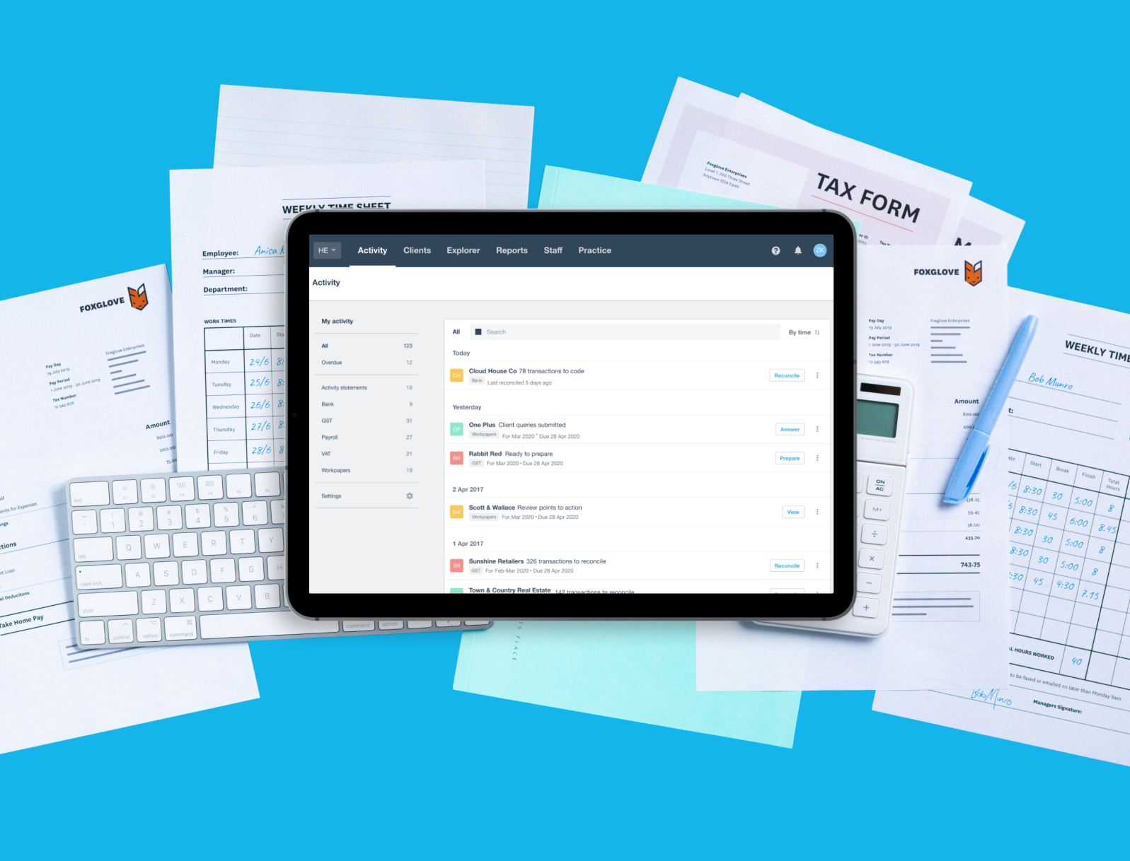  A book held open, with financial symbols, numbers, and shapes hovering above the pages.