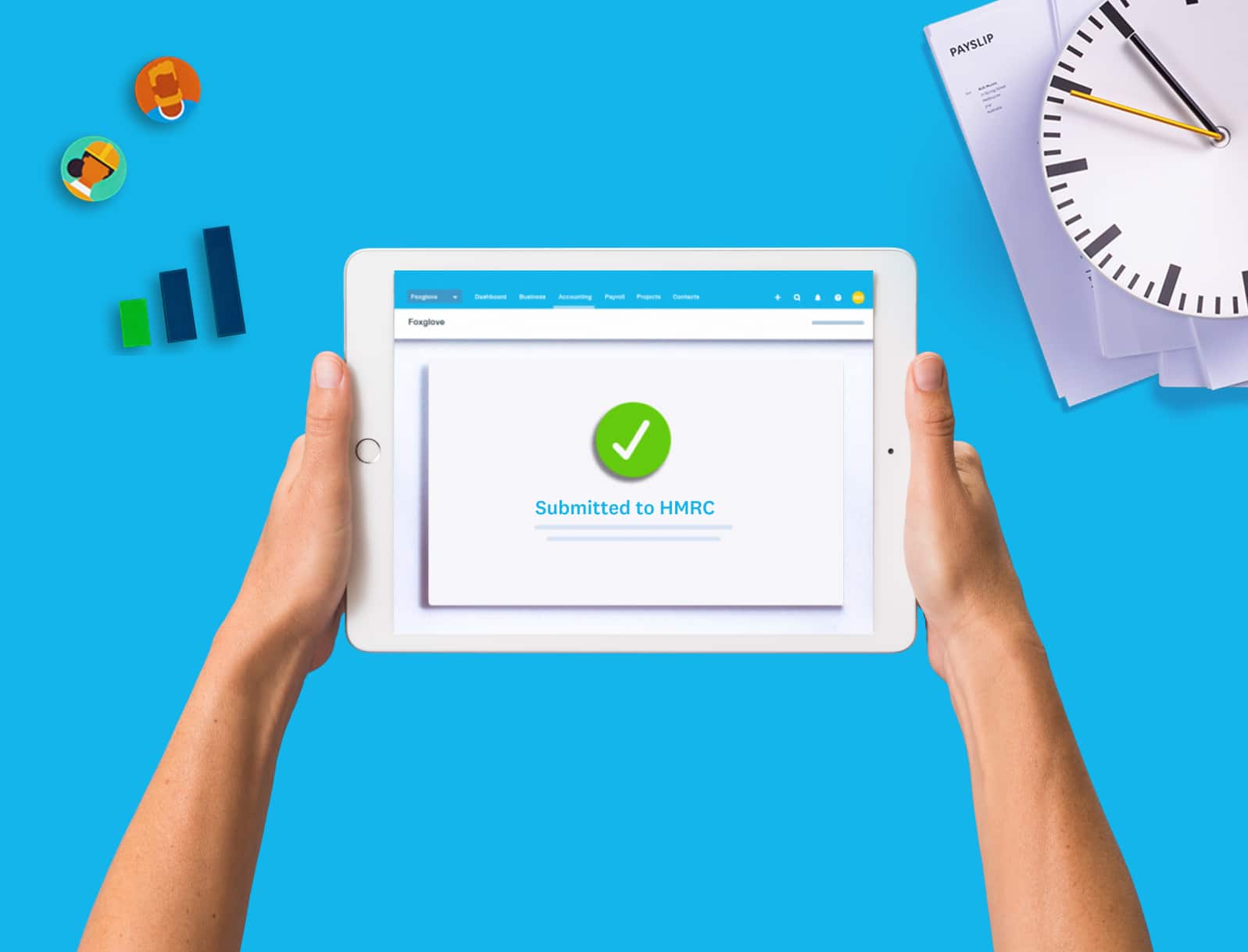  A book held open, with financial symbols, numbers, and shapes hovering above the pages.