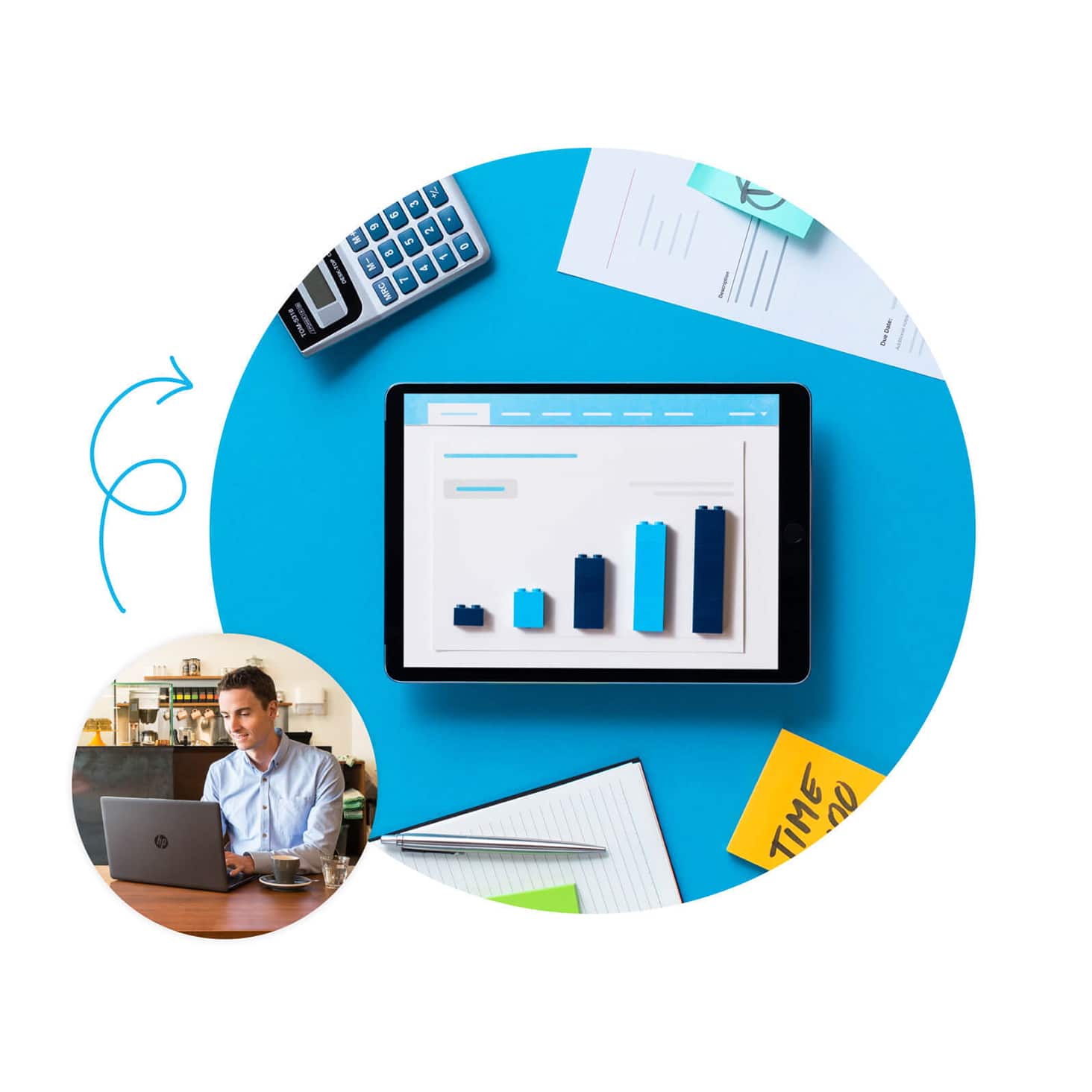 Xero software on tablet device. Person working on laptop in coffee shop.