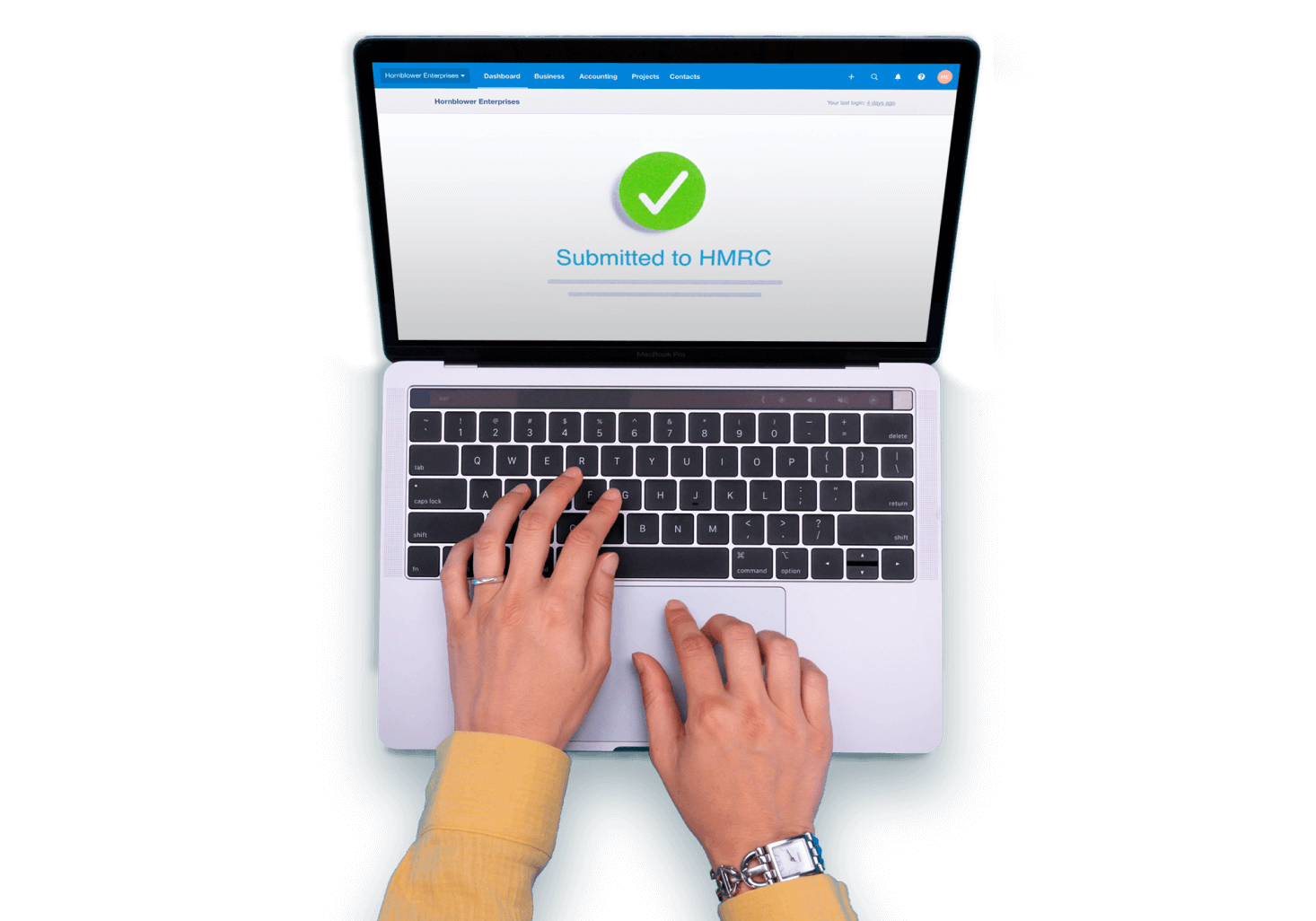 Hands typing on a laptop showing a green tick and text "Submitted to HMRC".