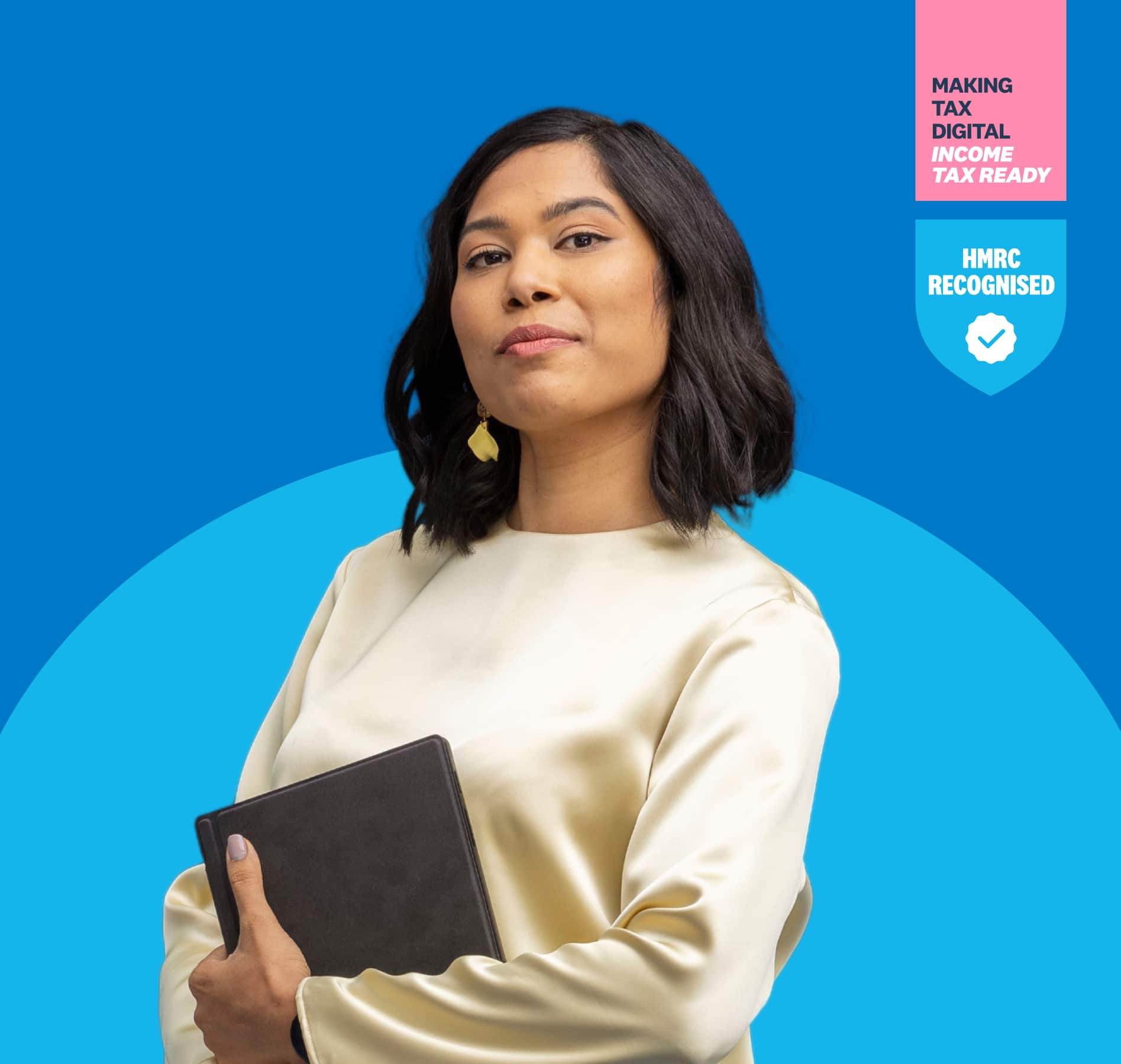  A woman holds a tablet against a blue background. Text says: ‘Making Tax Digital Income Tax Ready’, and ‘HMRC-recognised’.