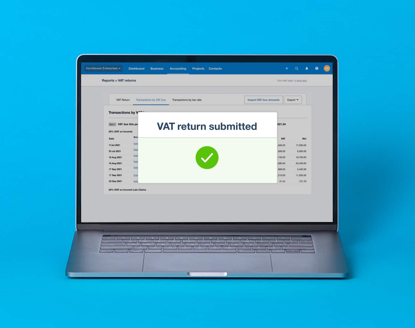 A laptop shows a VAT return submitted message and tick, on Xero’s MTD VAT return software.