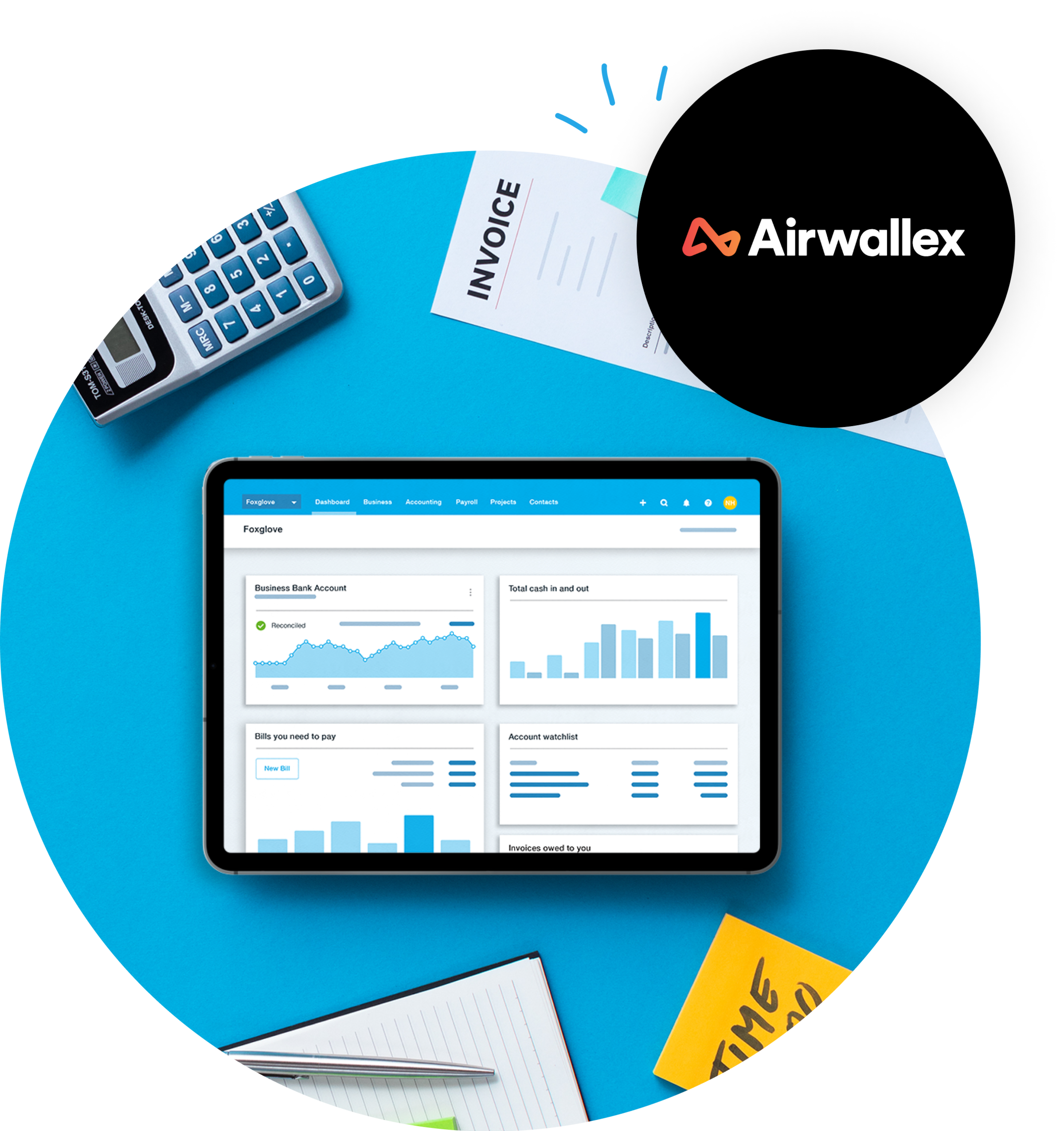 Paper invoice and calculator, with iPad showing Xero UI in the centre.