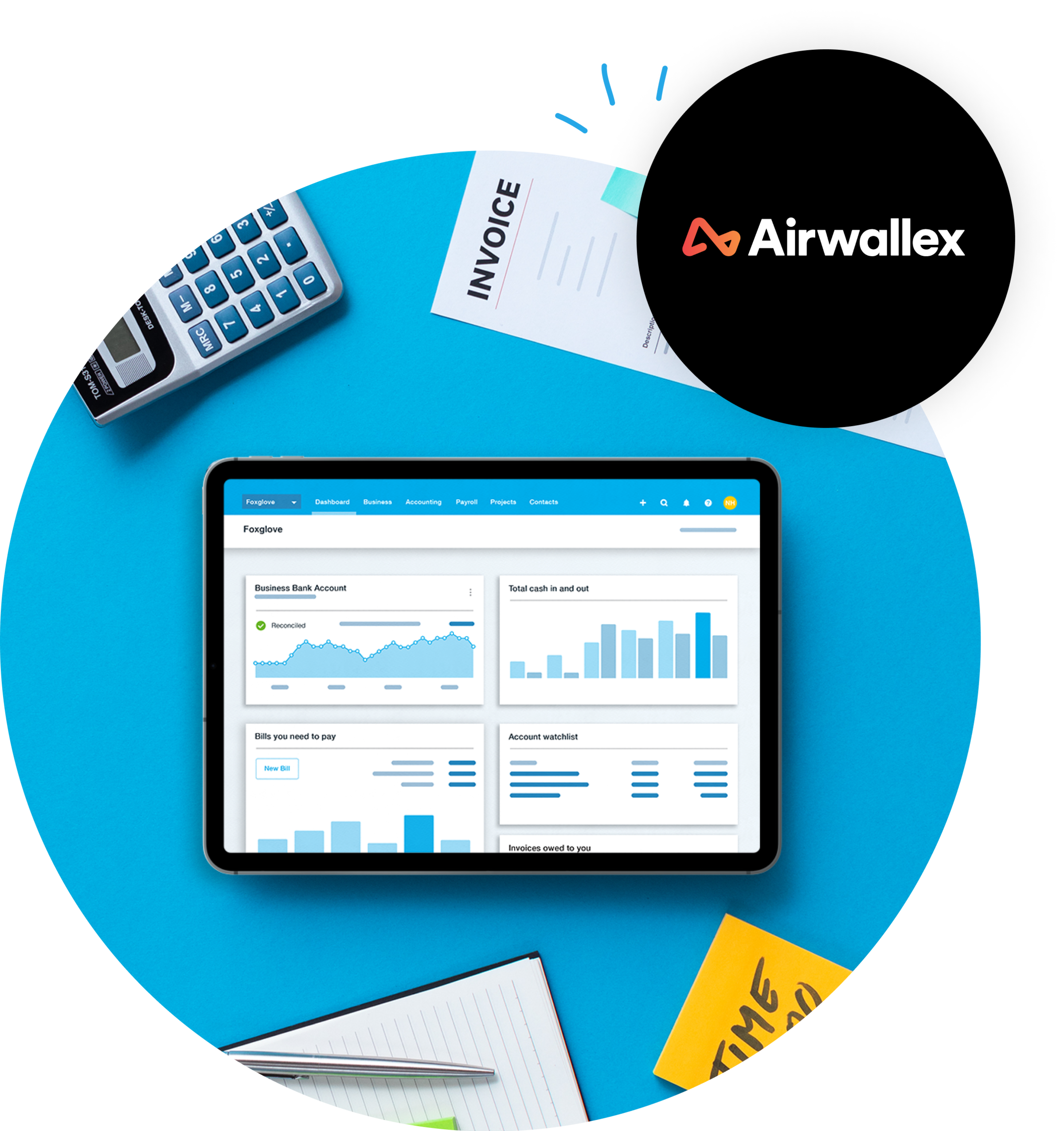 Paper invoice and calculator, with iPad showing Xero UI in the center.