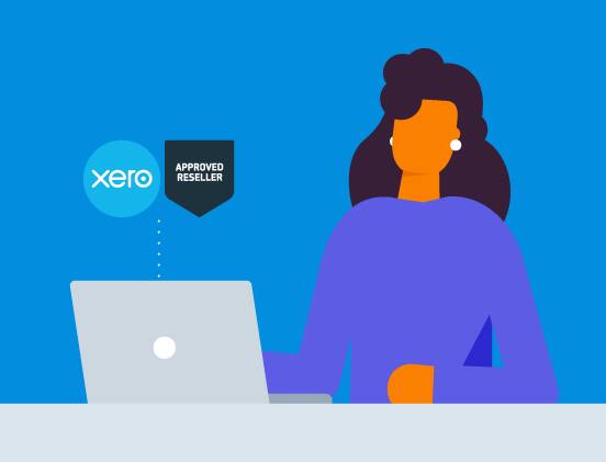 Illustration of woman on laptop with Xero Approved Reseller logo lockup