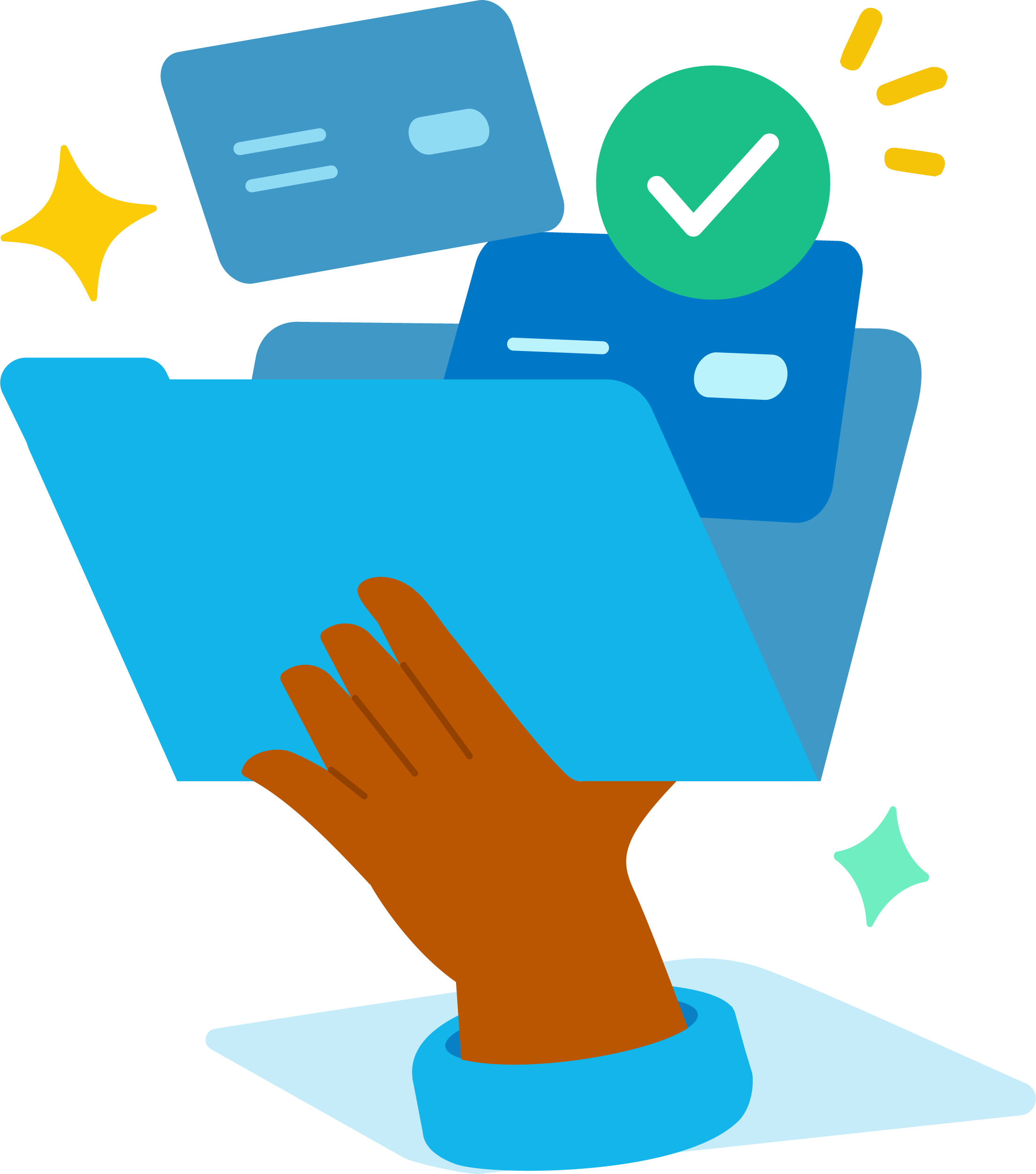 Illustration of a hand organizing a folder of financial documents and a payment card, with a green checkmark badge — represen