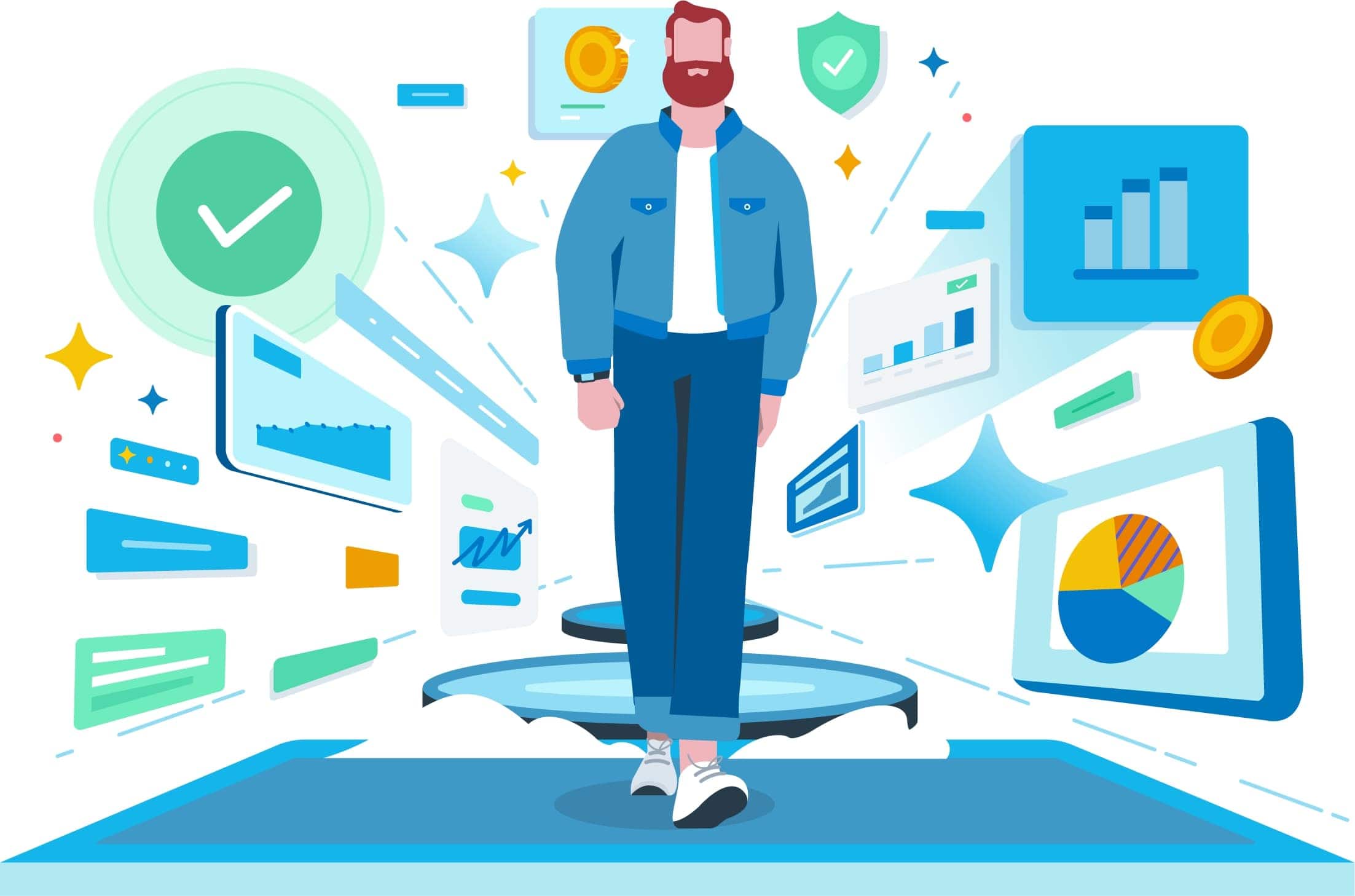 small business owner walking through icons