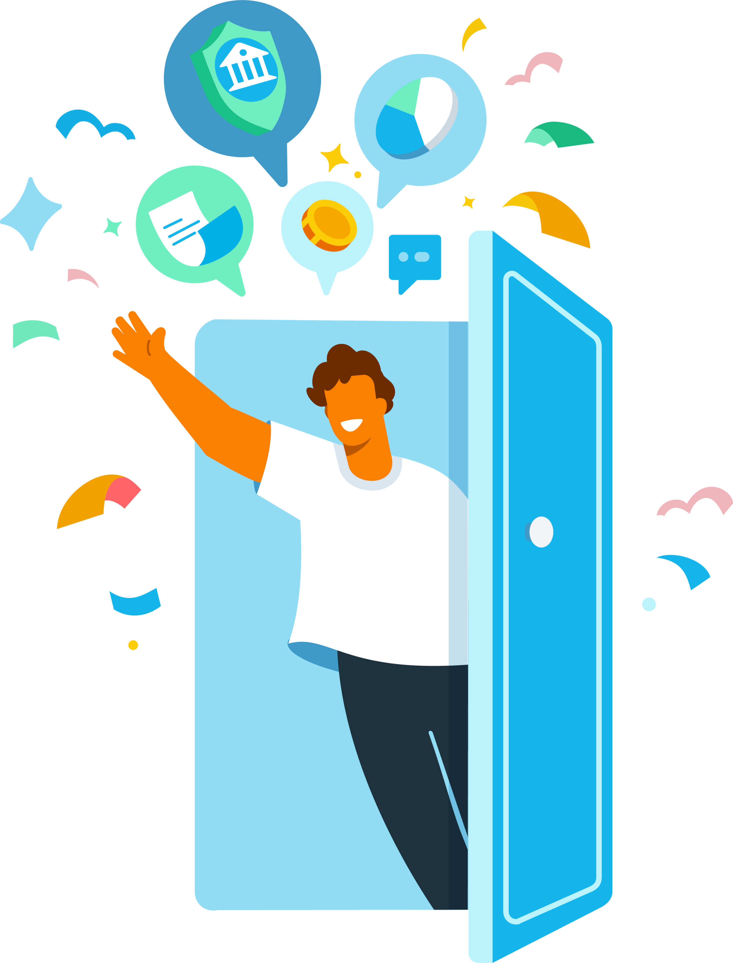 Illustration of a person opening a door with excitement, symbolising new opportunities as a Xero partner.