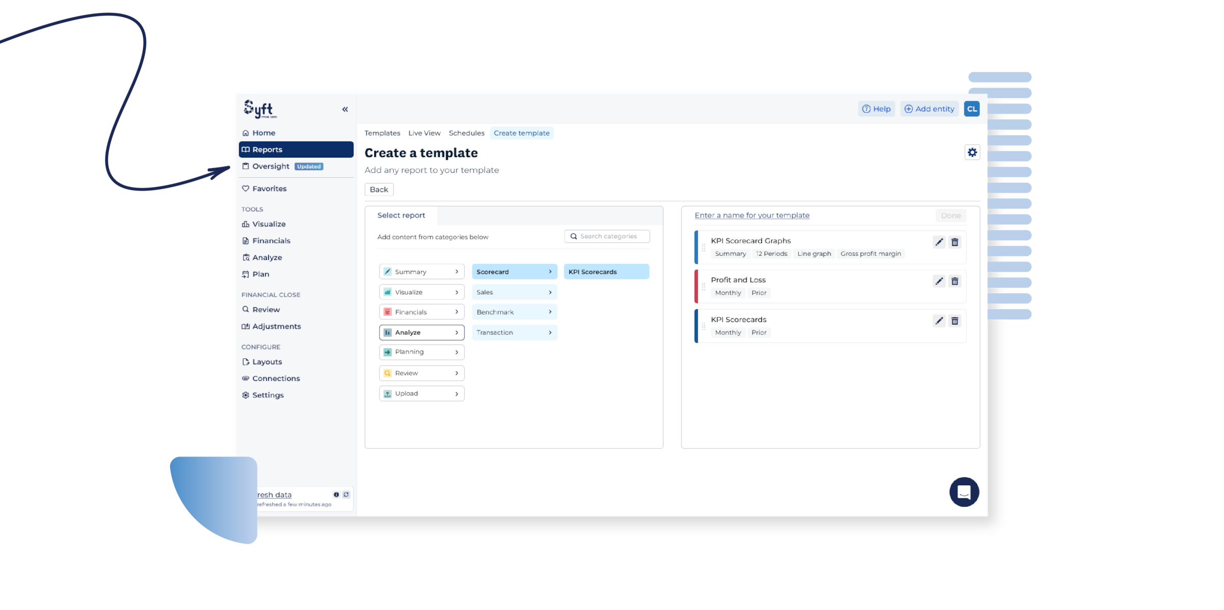 Syft Analytics interface showing the 'Create a template' screen with report categories on the left