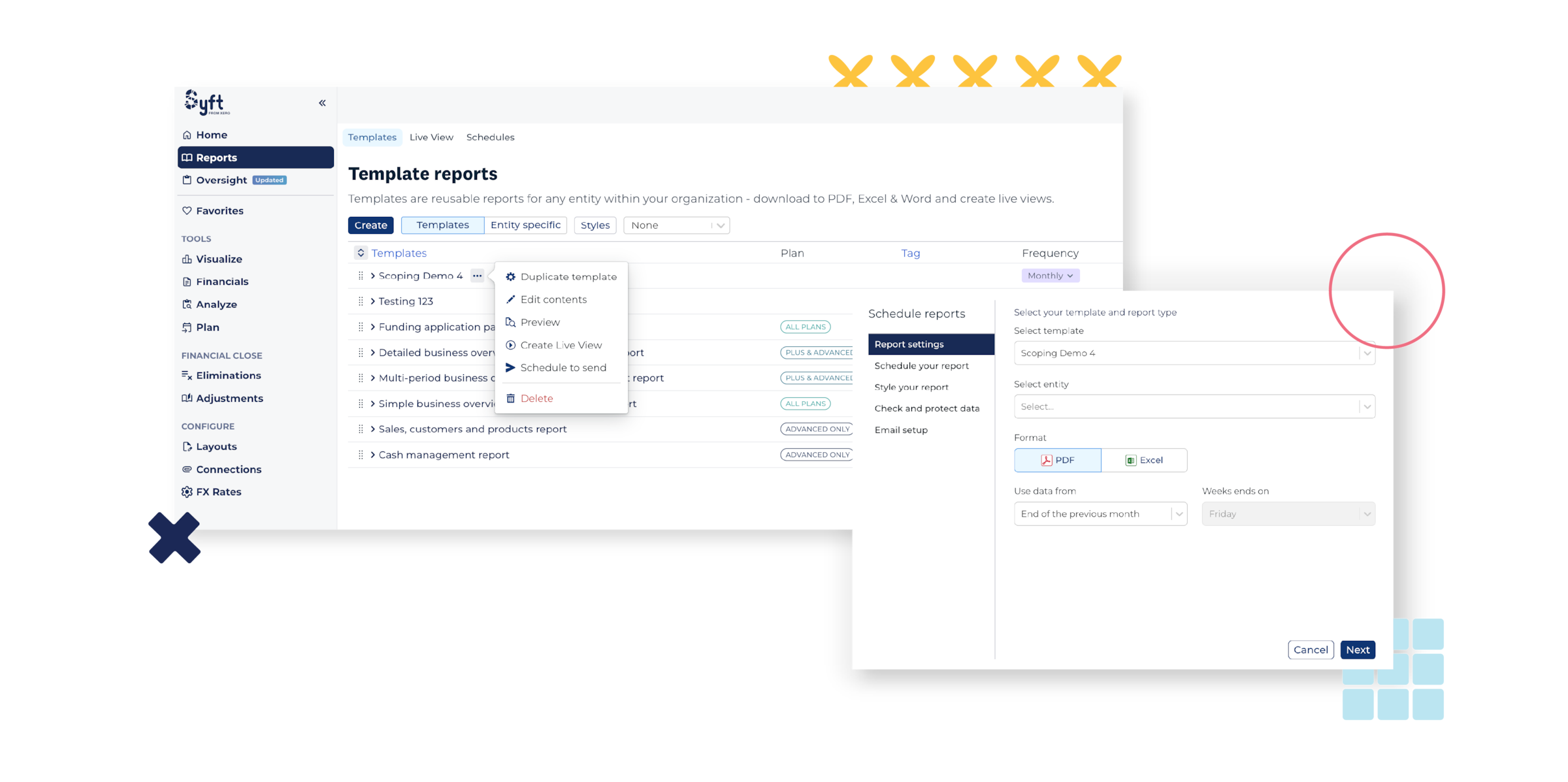 Syft Analytics Template Reports screen showing a list of report templates with a context menu open and a 'Schedule reports'