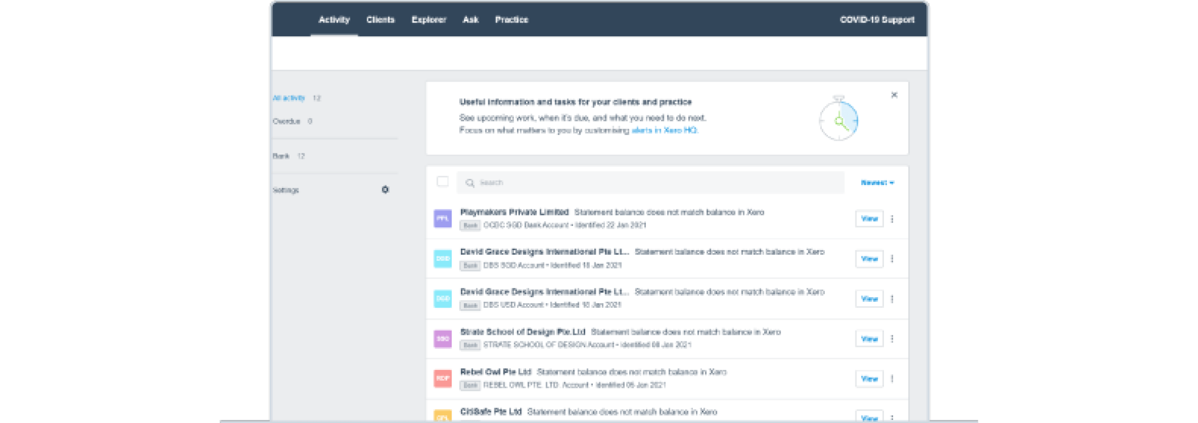 A view of the Xero client activities screen.