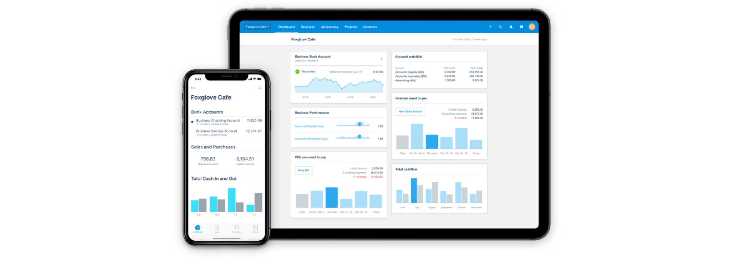 A phone and a tablet show overviews of the accounts and finances for a small business on the Xero dashboard.