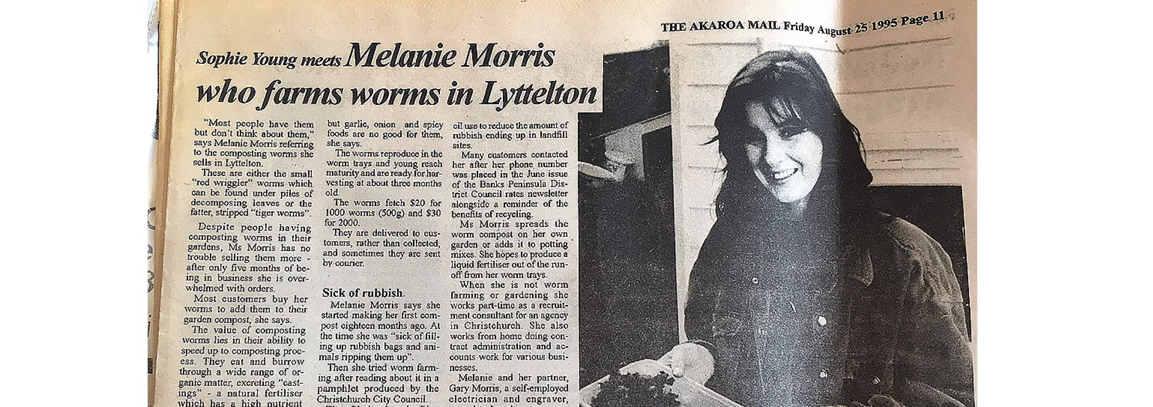 Melanie features in a newspaper article from Friday 25th August 1995, about starting a worm farm in Lyttelton.