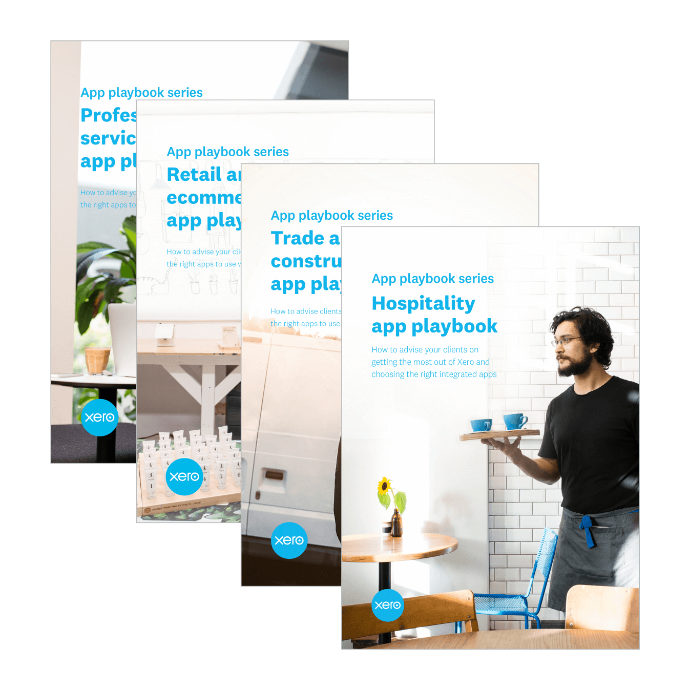Covers of the Xero industry playbooks feature small business owners at work.
