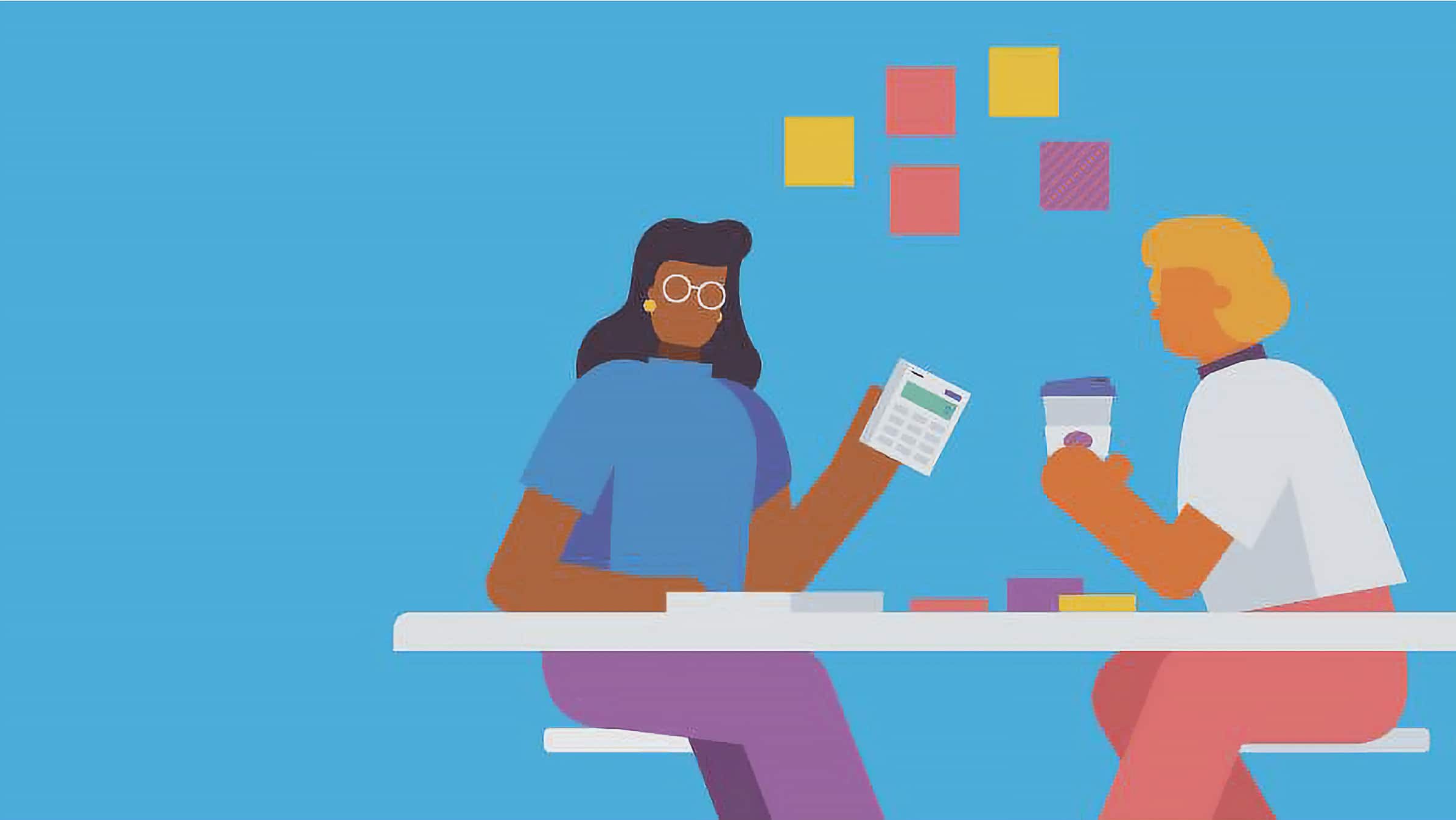 Illustrated accountant sits at her desk.