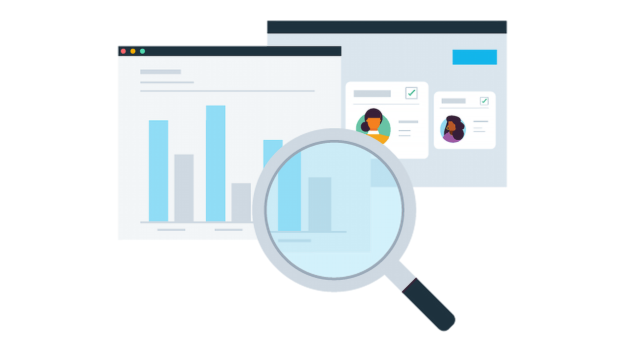 An illustrated magnifying glass hovering over two screen images; one with a bar chart and the other with two staff.