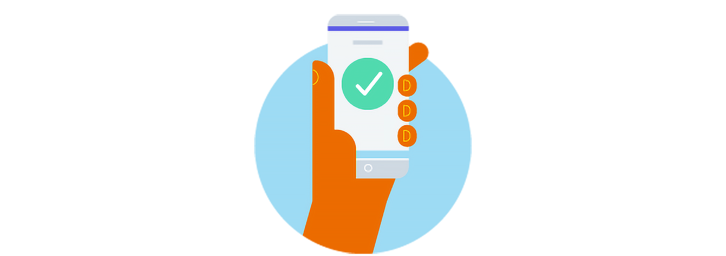 An illustrated hand holding a mobile device that shows a confirmation tick.