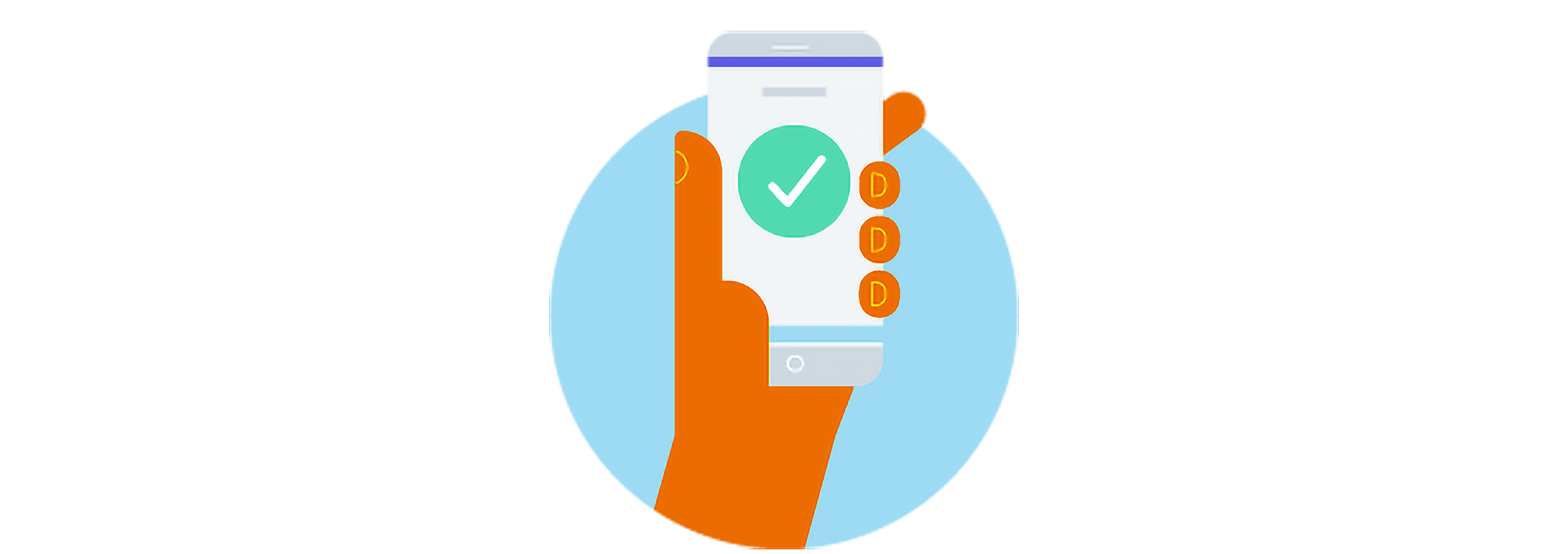 An illustrated hand holding a mobile device that shows a confirmation tick. 