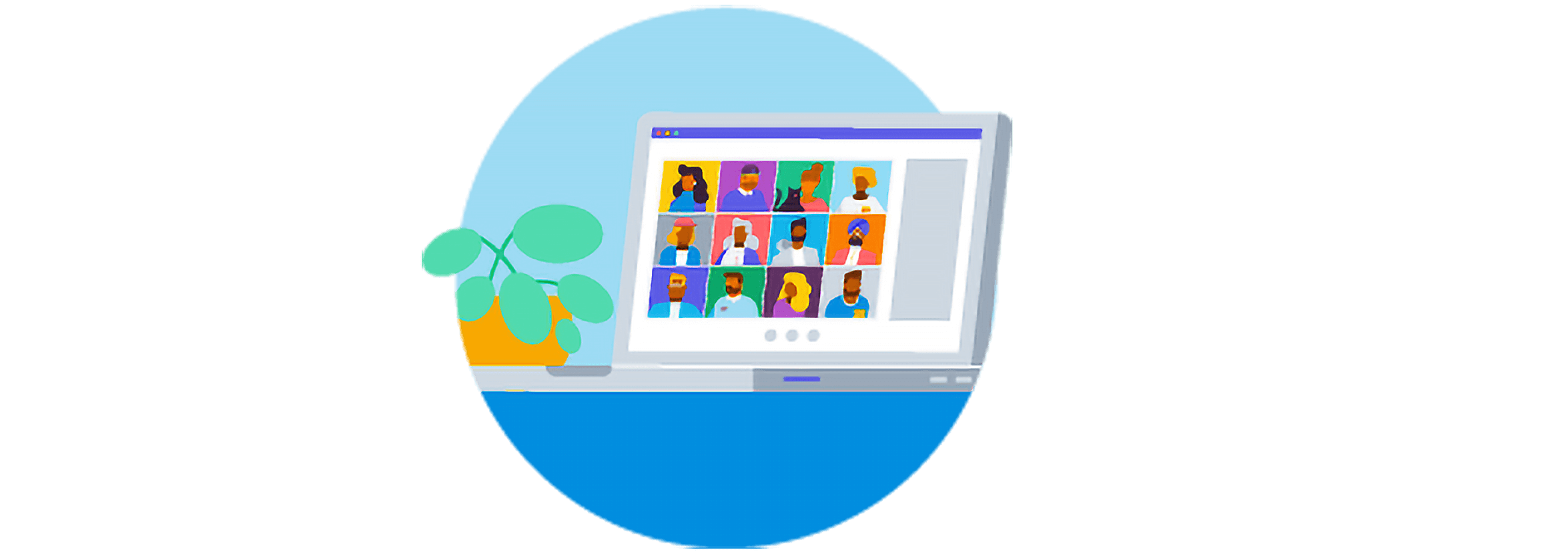An illustrated screen of a laptop showing participants taking part in a virtual meeting.