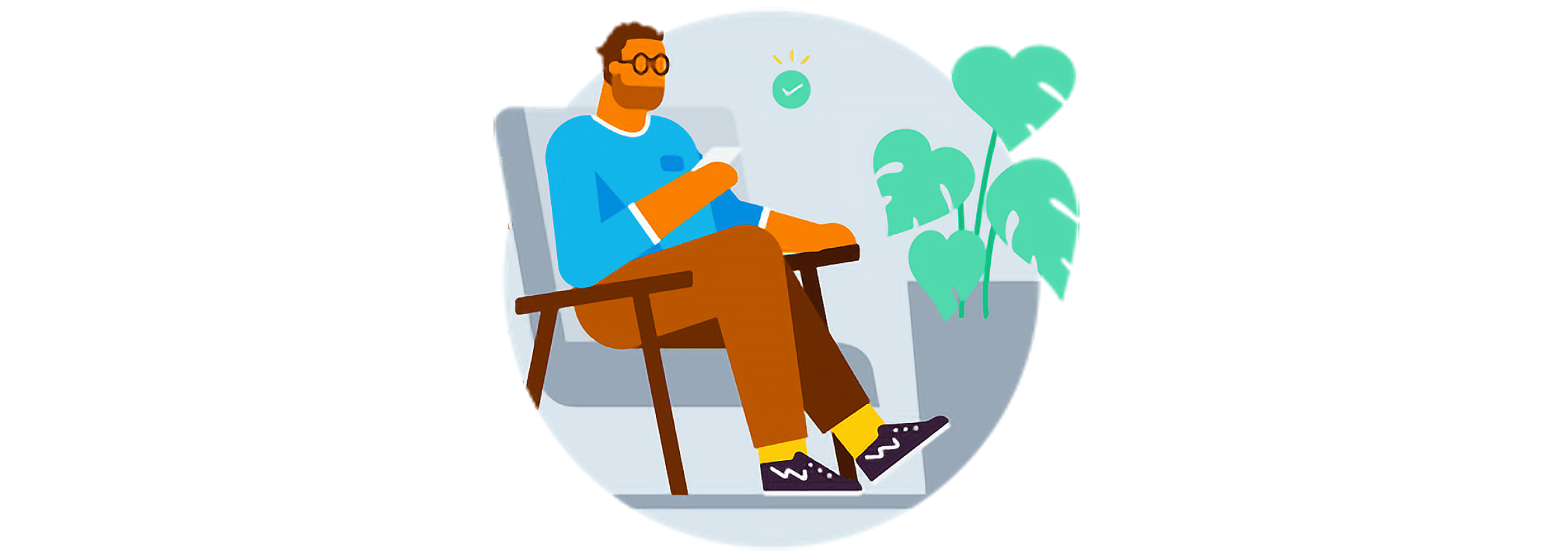 An illustrated person in a chair checking their phone with a tick icon floating above it.
