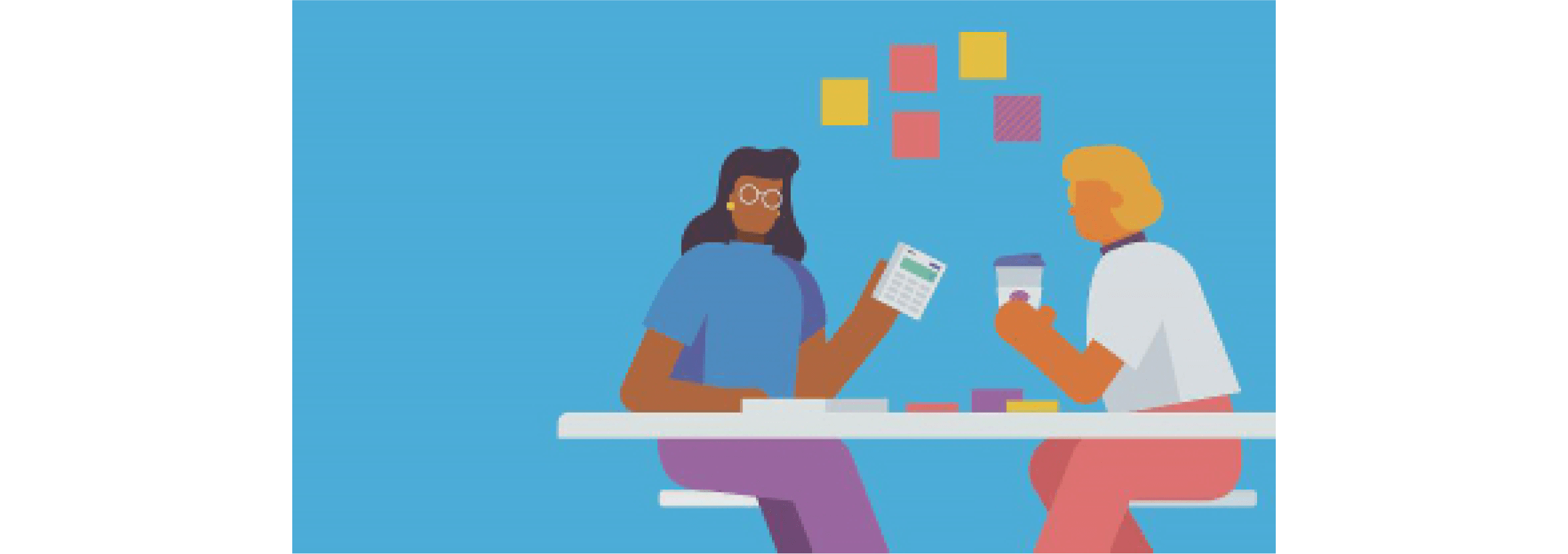 An illustrated Xero partner at a desk with a calculator sitting across from a Xero client with a cup of coffee.