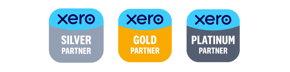 Three badges recognising Xero silver, gold and platinum partners.