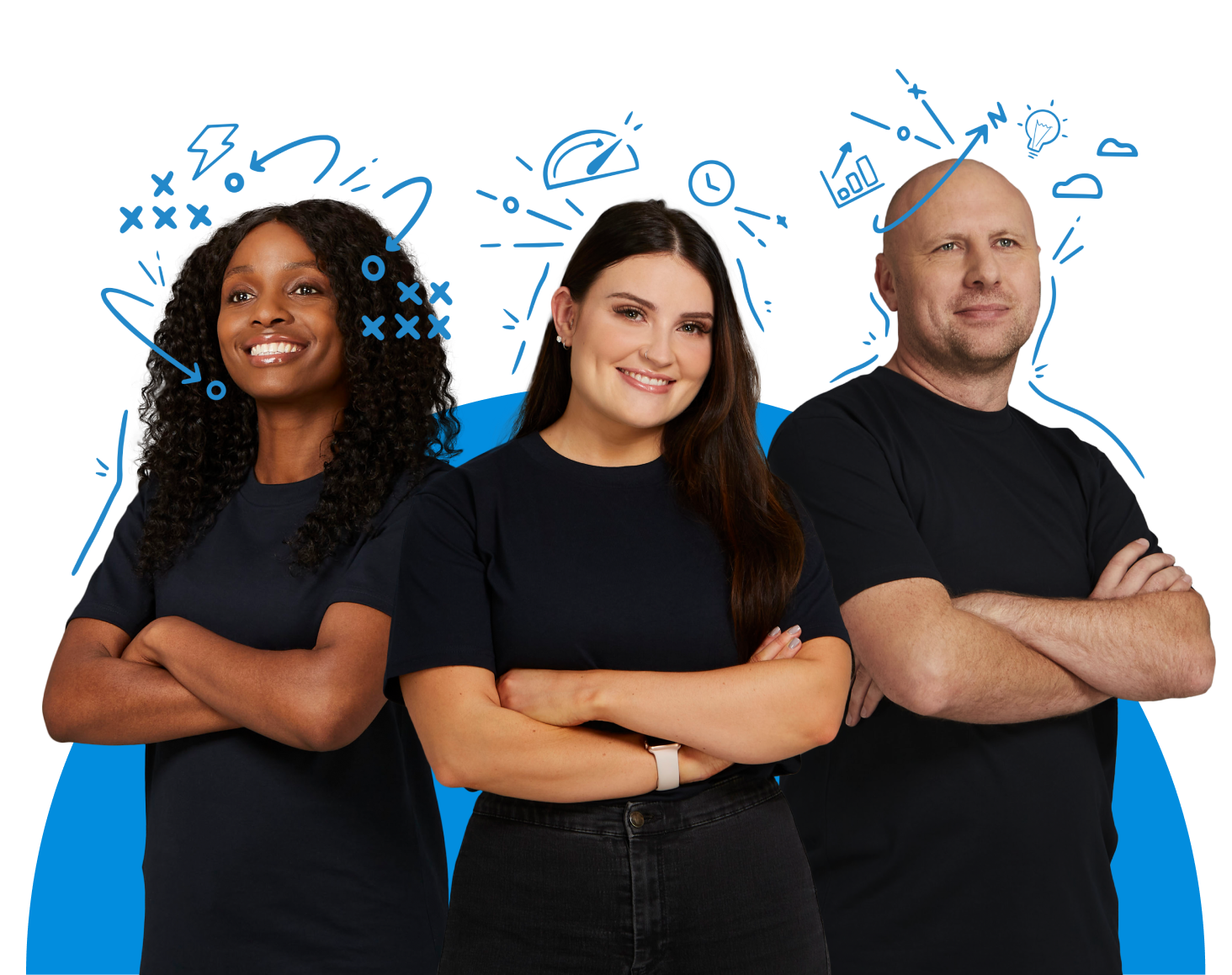 Xero partner consultants smiling with illustrations above head.