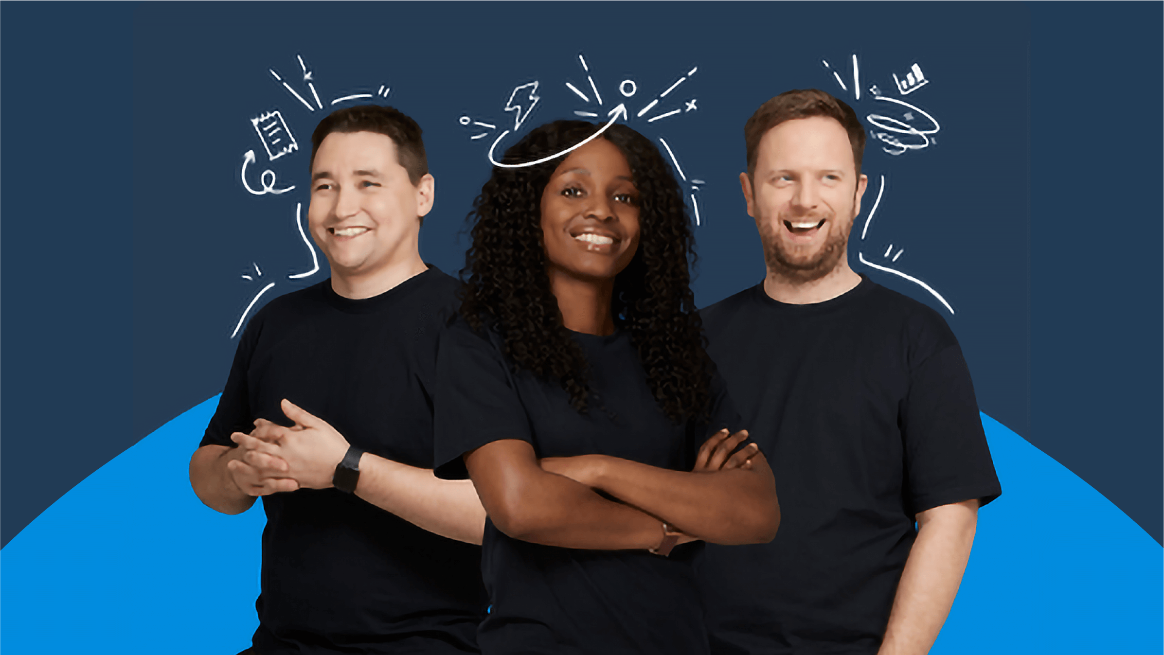 Three Xero partner consultants smiling with illustrated lines of graphs and lightning bolts above their heads. 