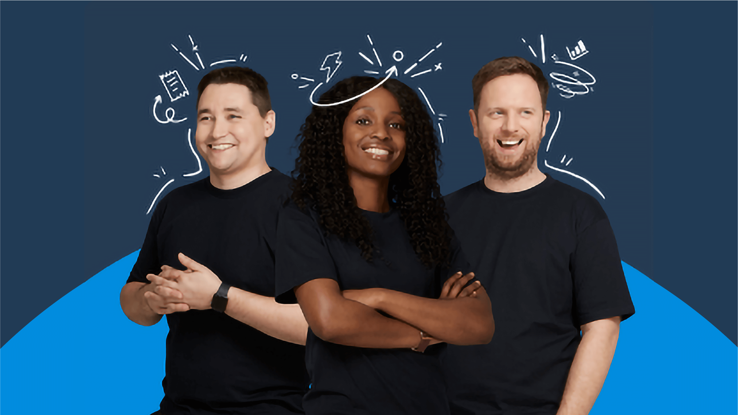 Three Xero partner consultants smiling with illustrated lines of graphs and lightning bolts above their heads.